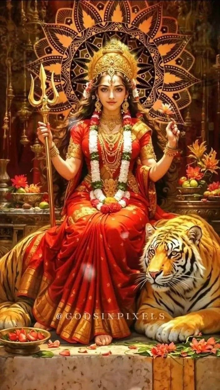 Ambe Maa seated on a tiger throne