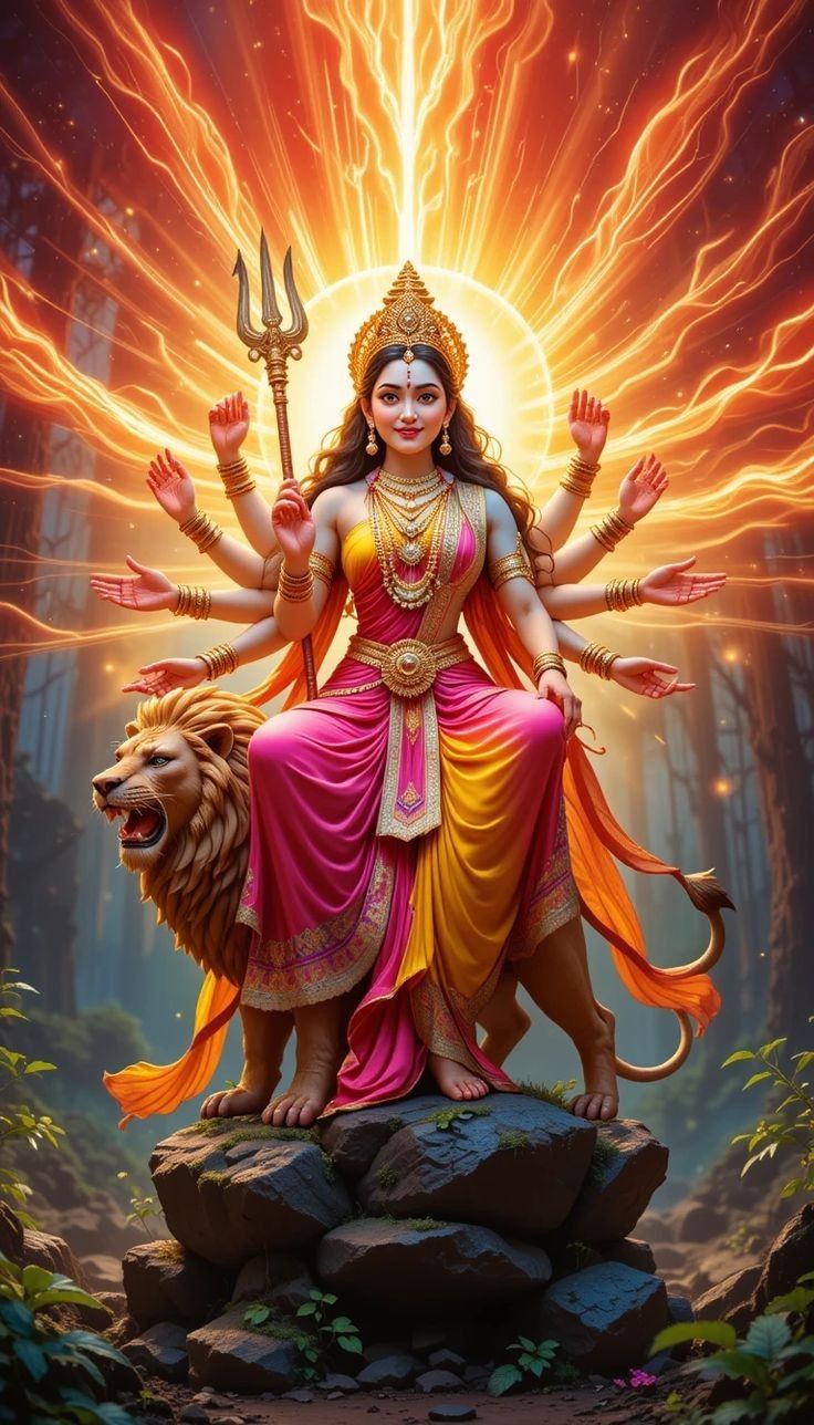Ambe Maa seated on a lion.