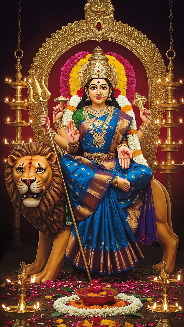 Ambe Maa seated on a lion.