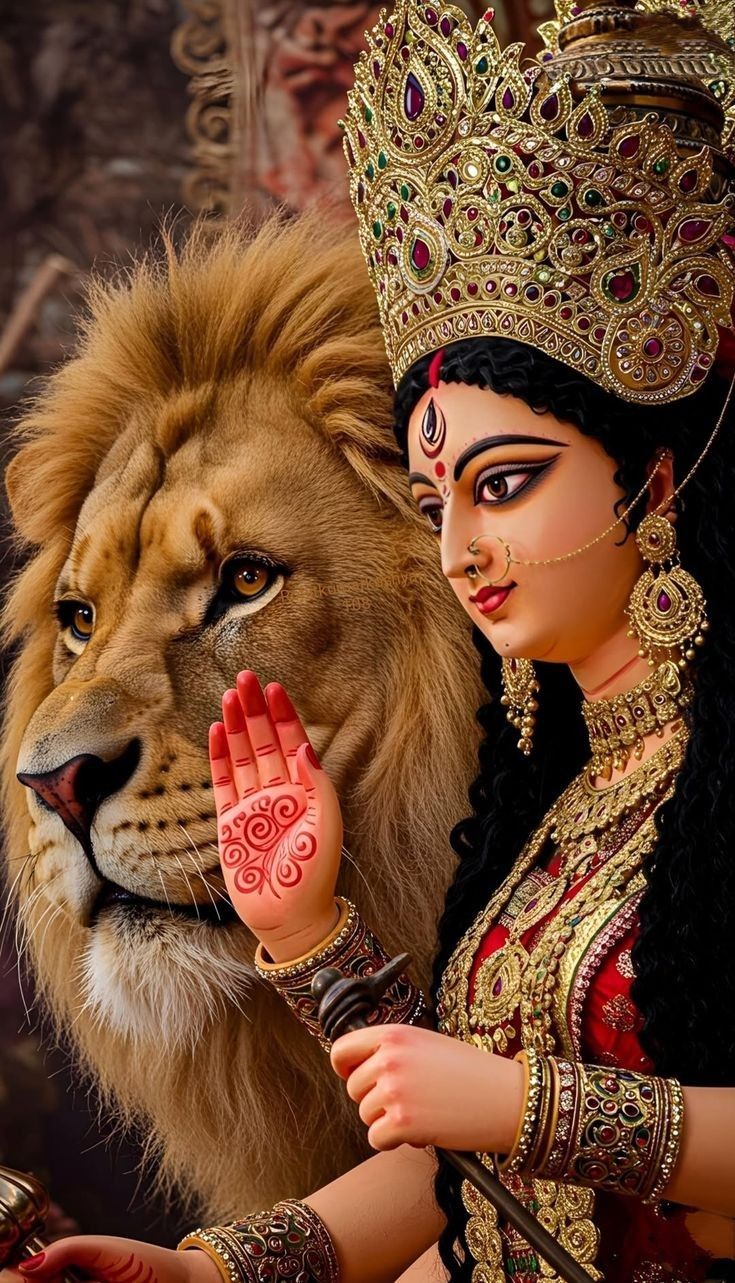 Ambe Maa riding a majestic lion