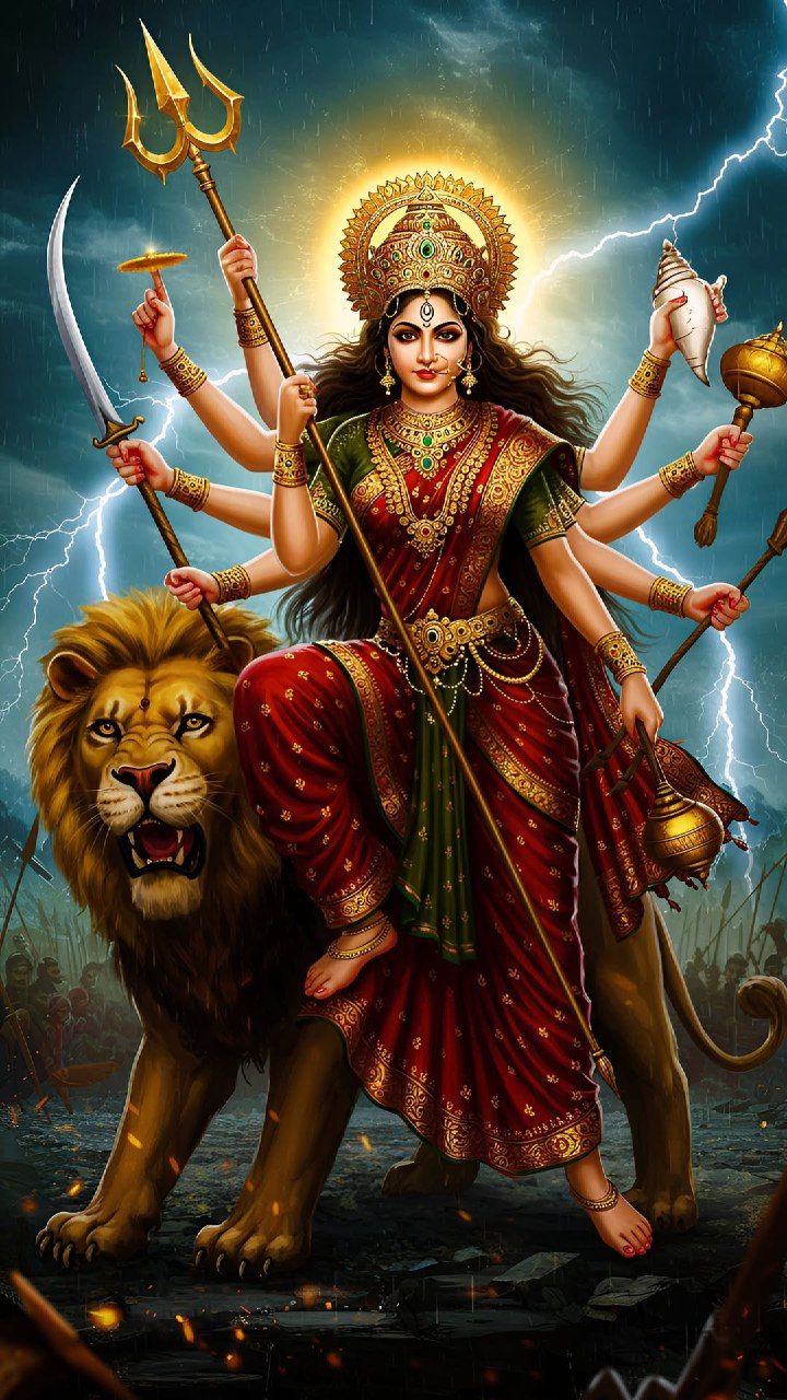 Ambe Maa riding a lion in a storm