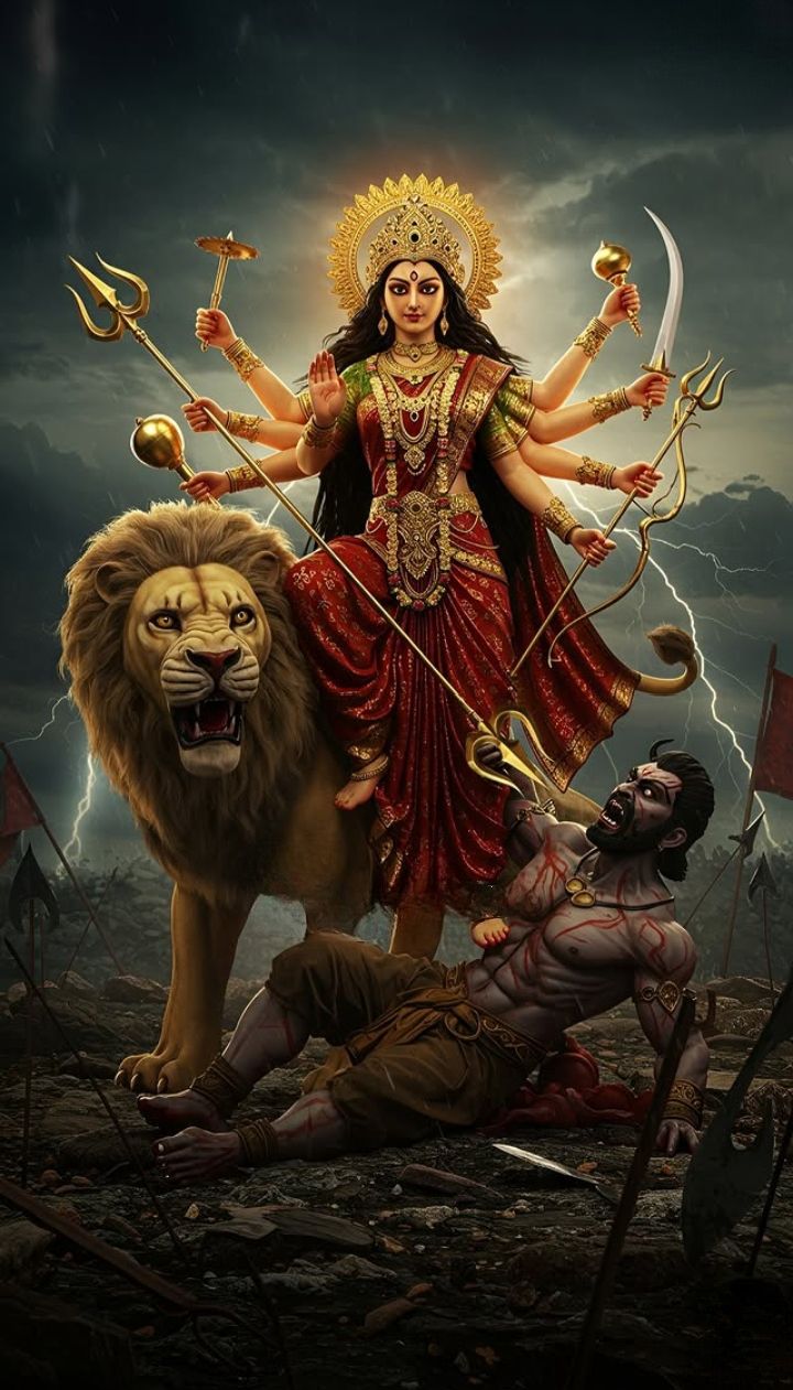 Devi Durga stands victorious over evil.
