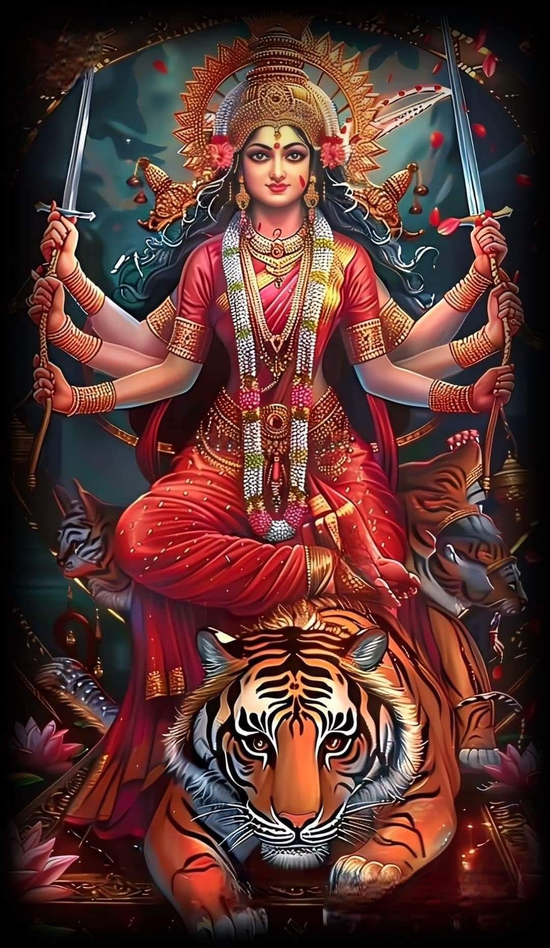 Ambe Maa riding a tiger, divine protection.