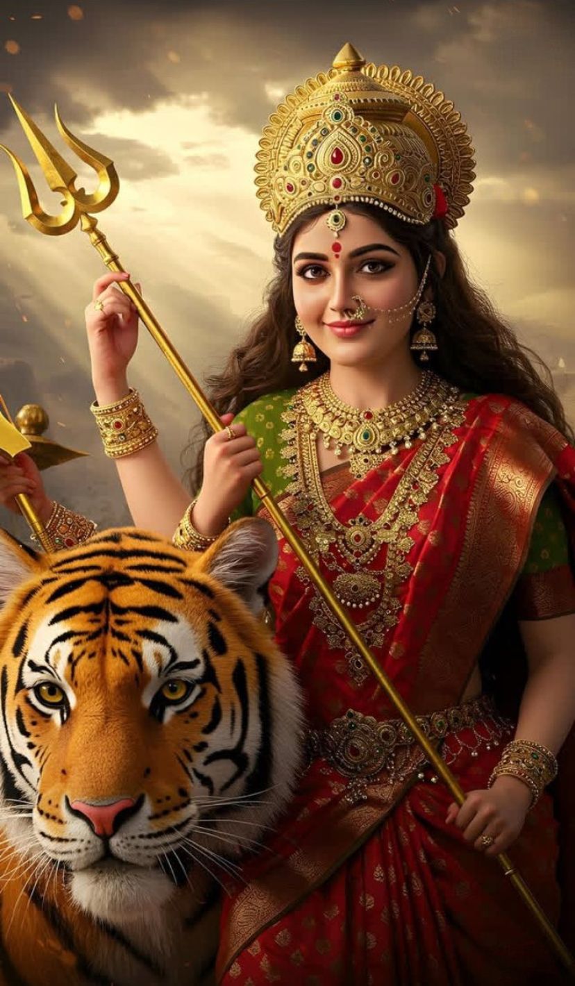 Ambe Maa with tiger and trident