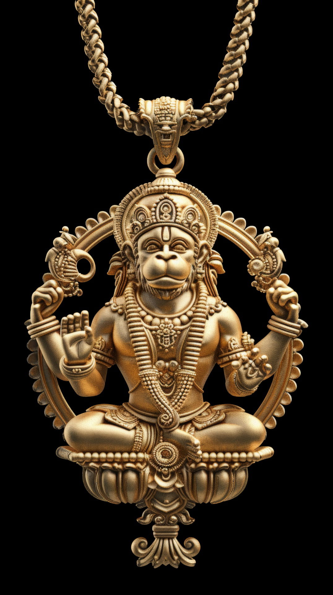 Golden Hanuman pendant, divine protection.