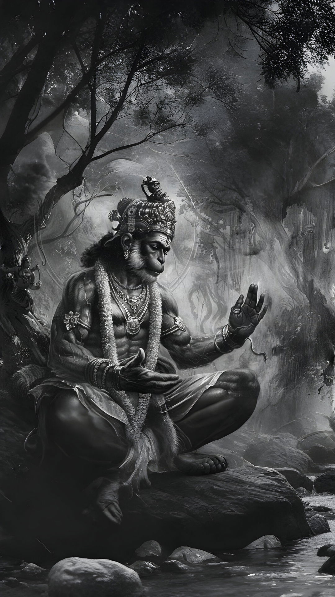 Hanuman seated in a forest, praying.