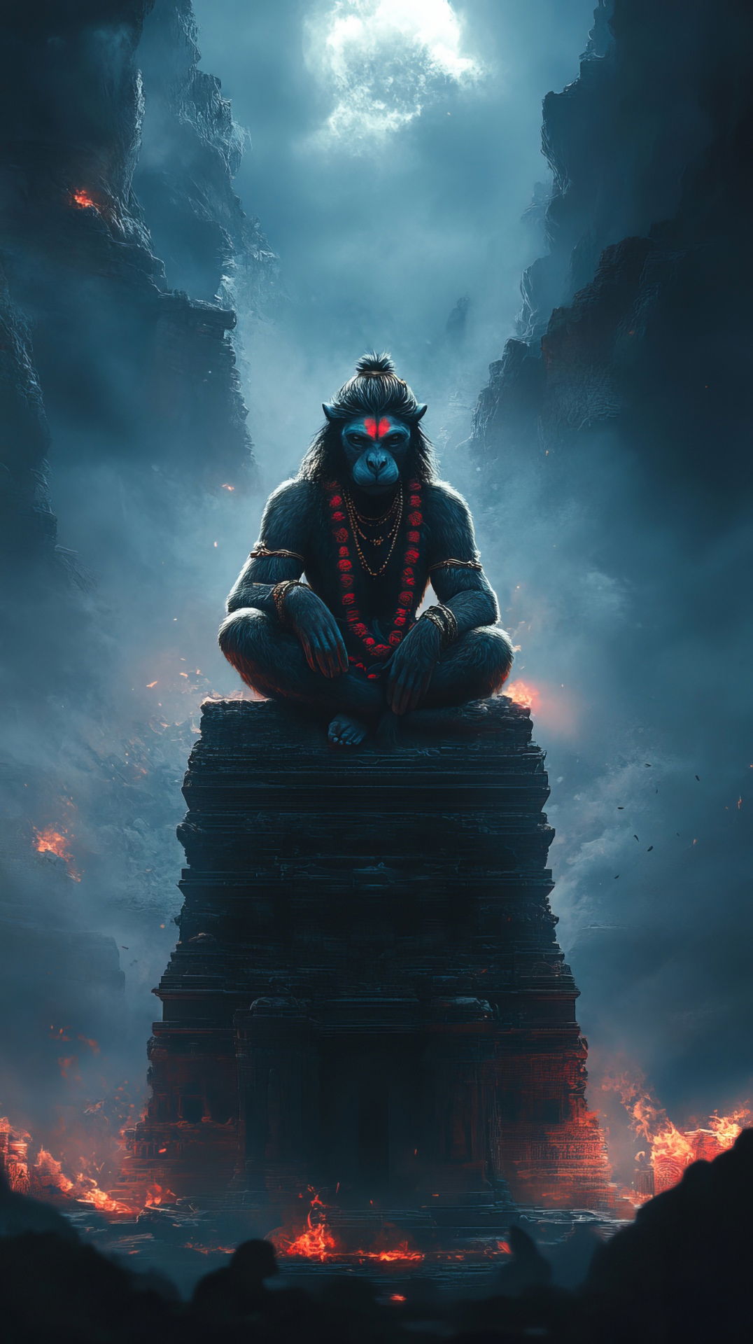 Hanuman seated on a mountain peak.