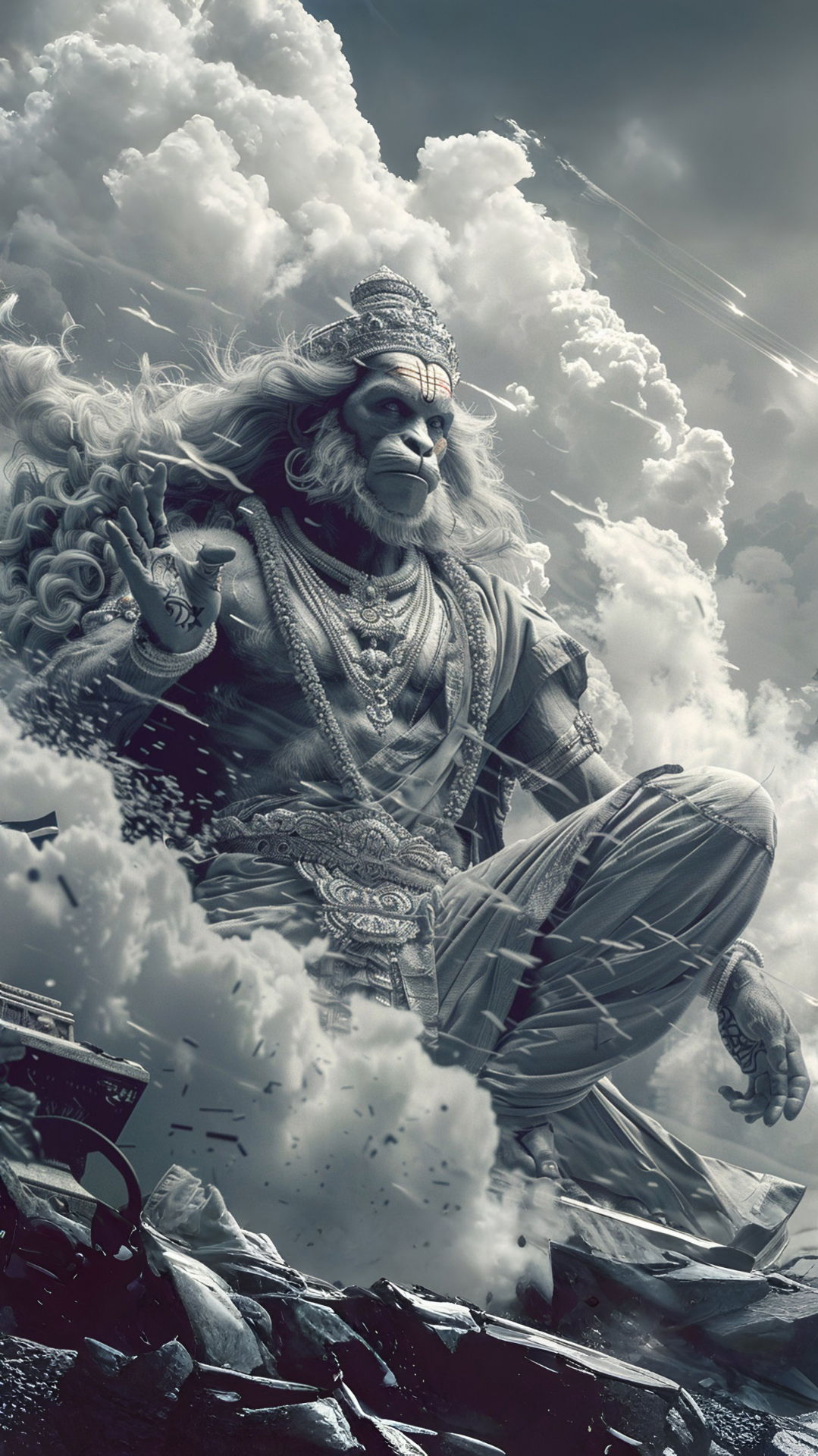 Hanuman soaring amidst storm clouds