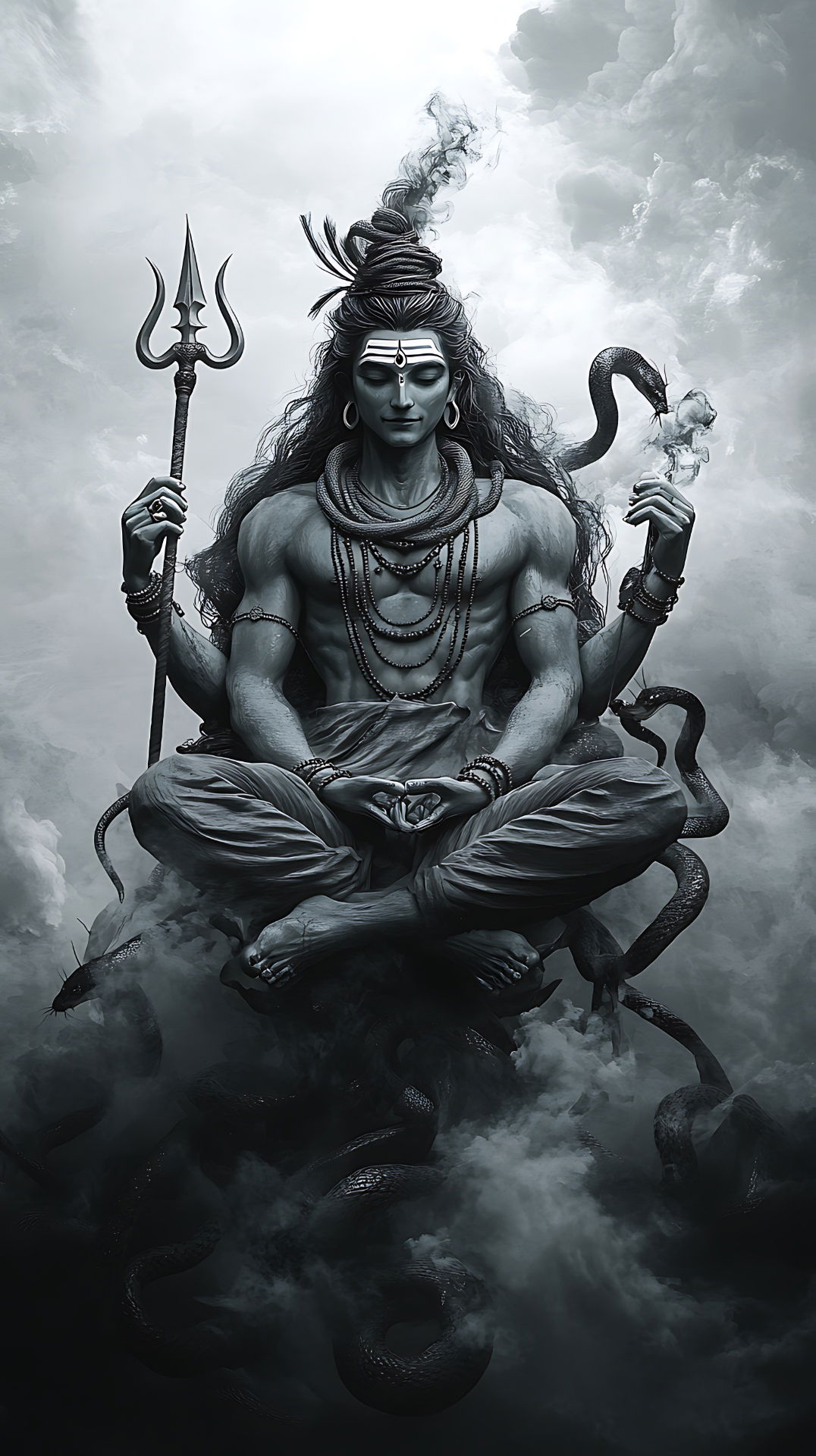 Meditating Shiva amongst swirling clouds