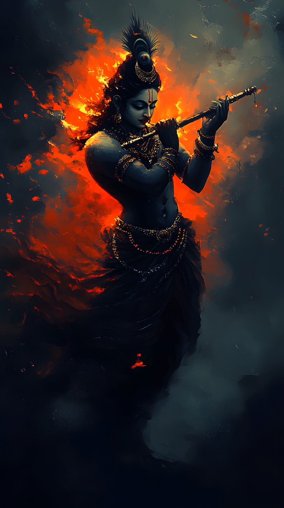 Lord Krishna playing flute in darkness.