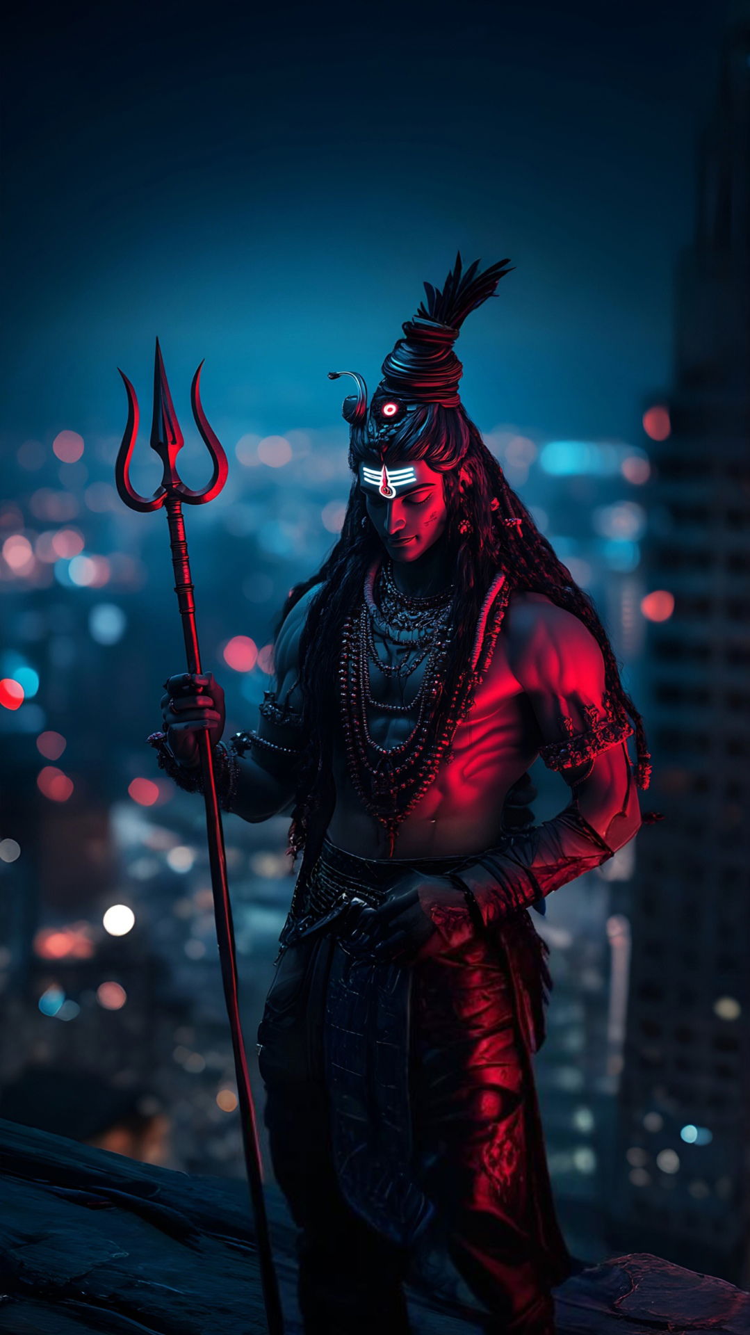 Powerful Shiva stands amidst city lights.