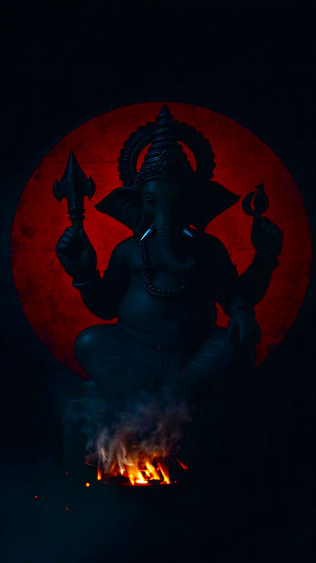 Ganesha amidst crimson fire glow