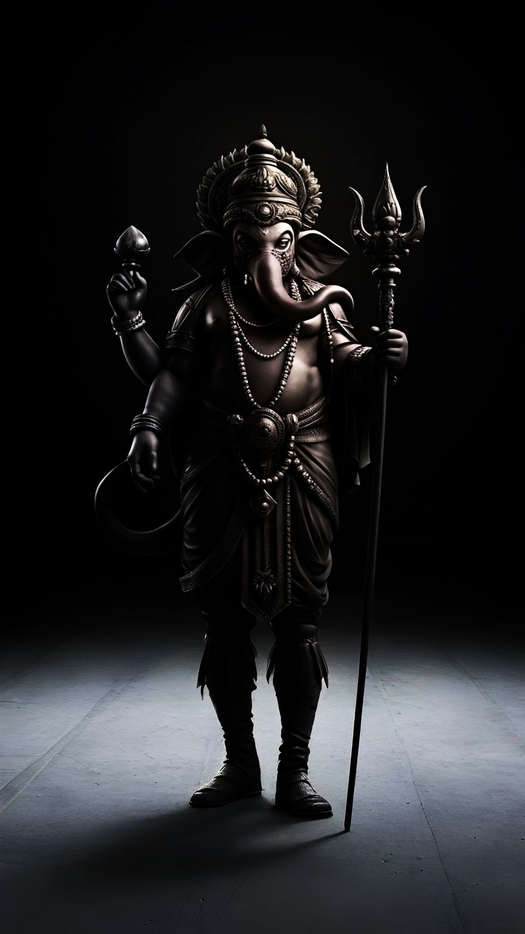 Lord Ganesha standing with trident and modak