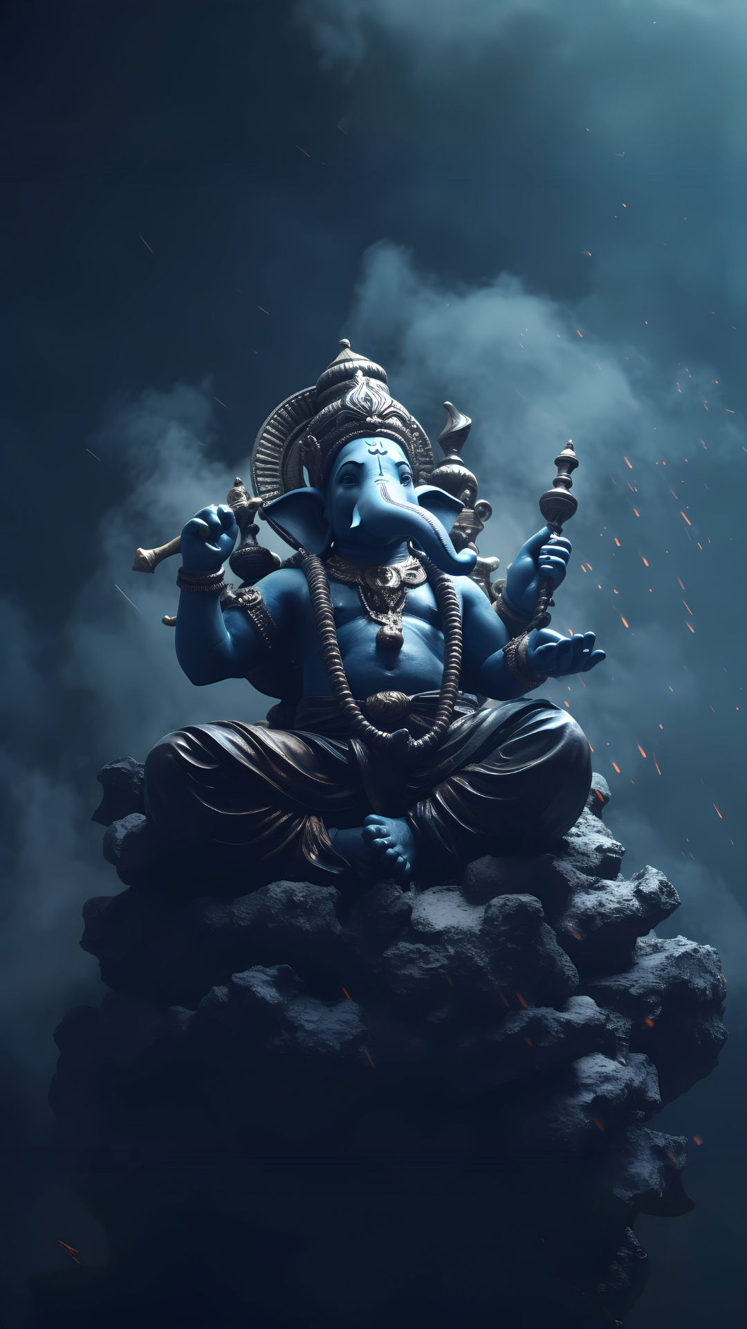 Blue Ganesha sits on mountain peak