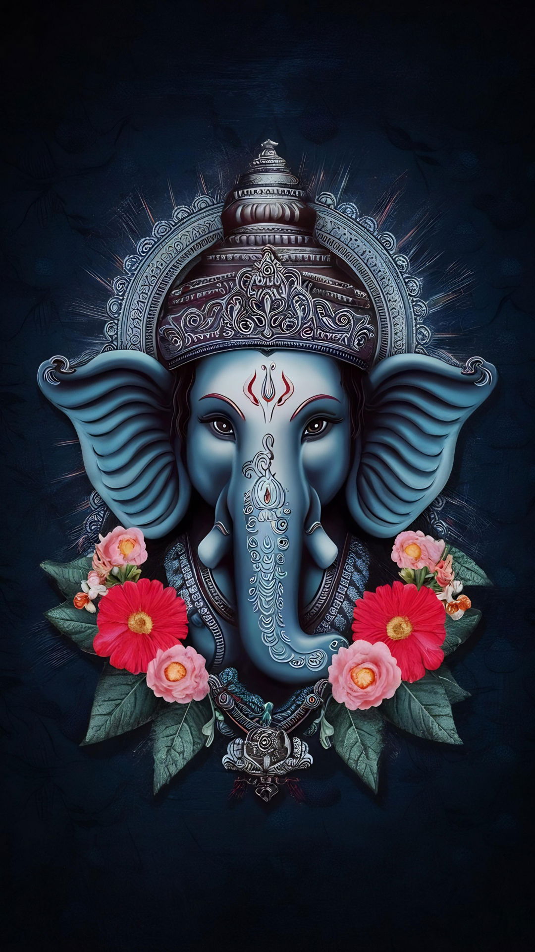 Lord Ganesha with blue skin and flowers