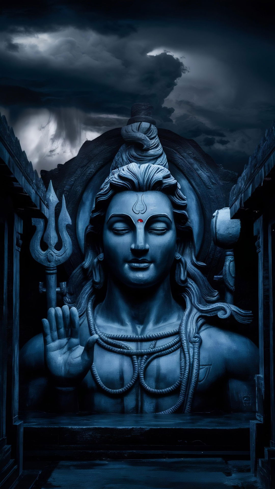 Blue Shiva meditating in a mountain cave