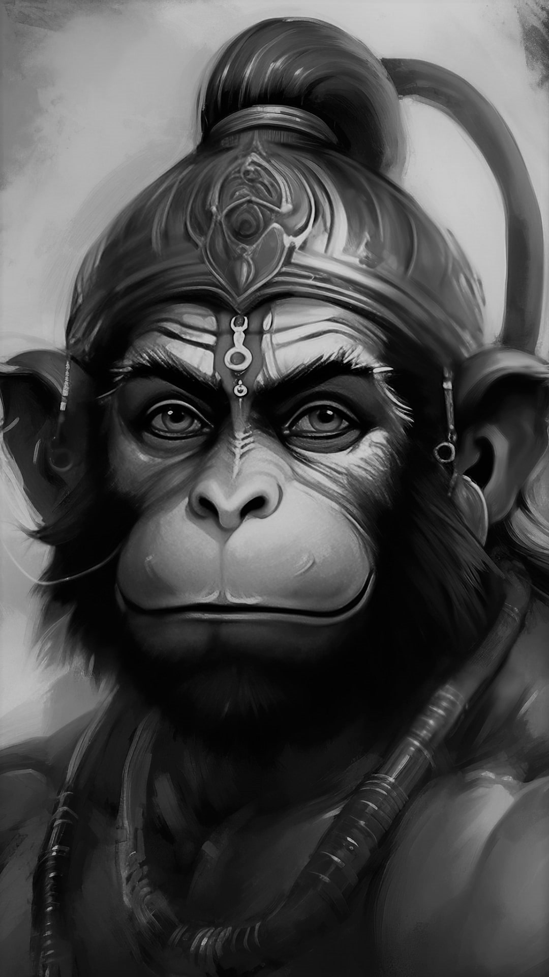 Powerful Hanuman portrait, grayscale, devotional art