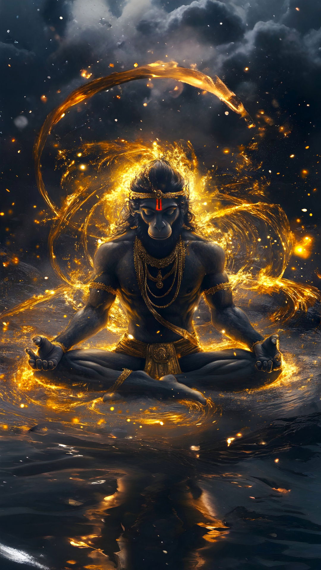 Hanuman meditating in golden aura
