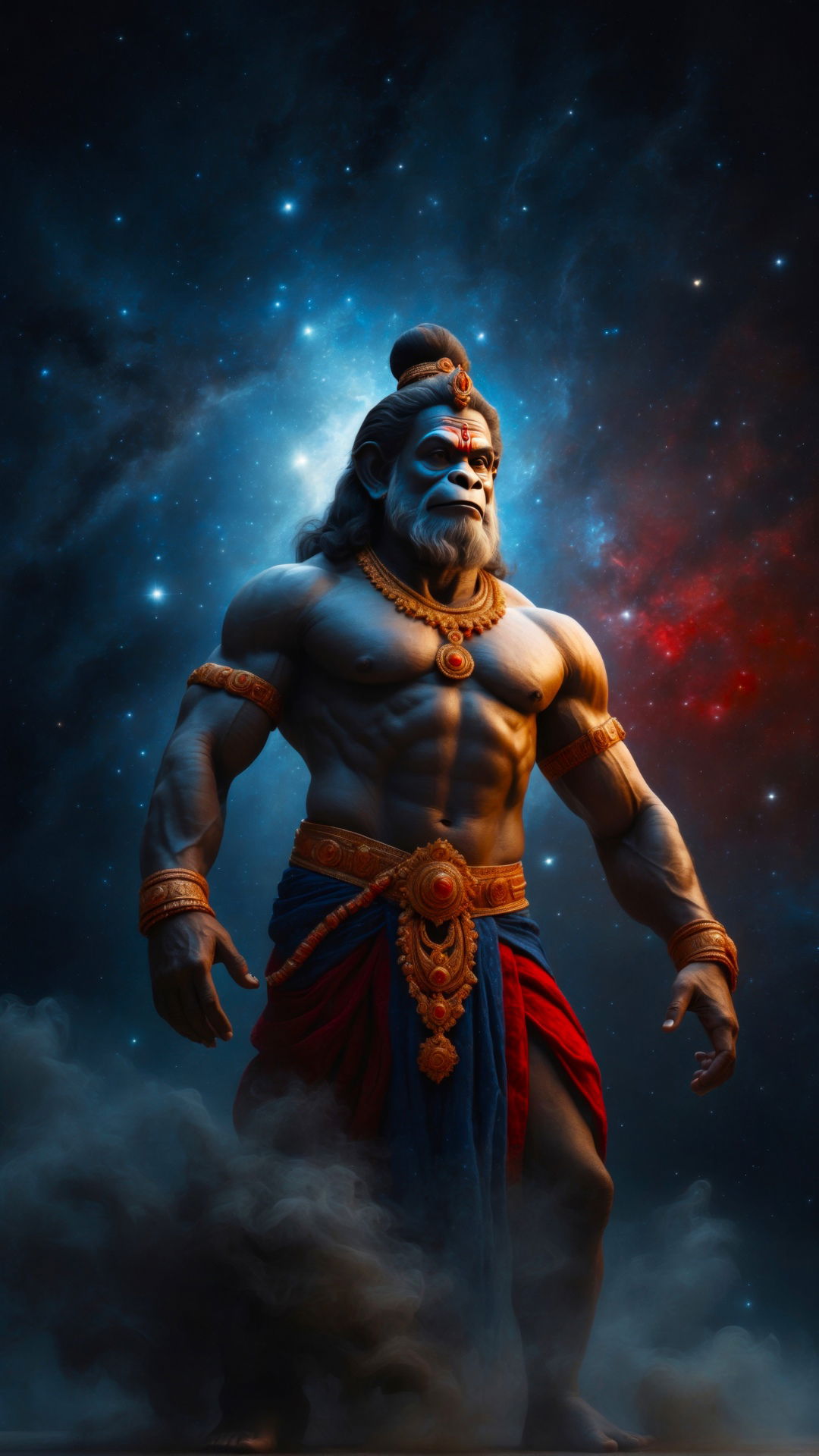 Powerful Hanuman against cosmic galaxy background