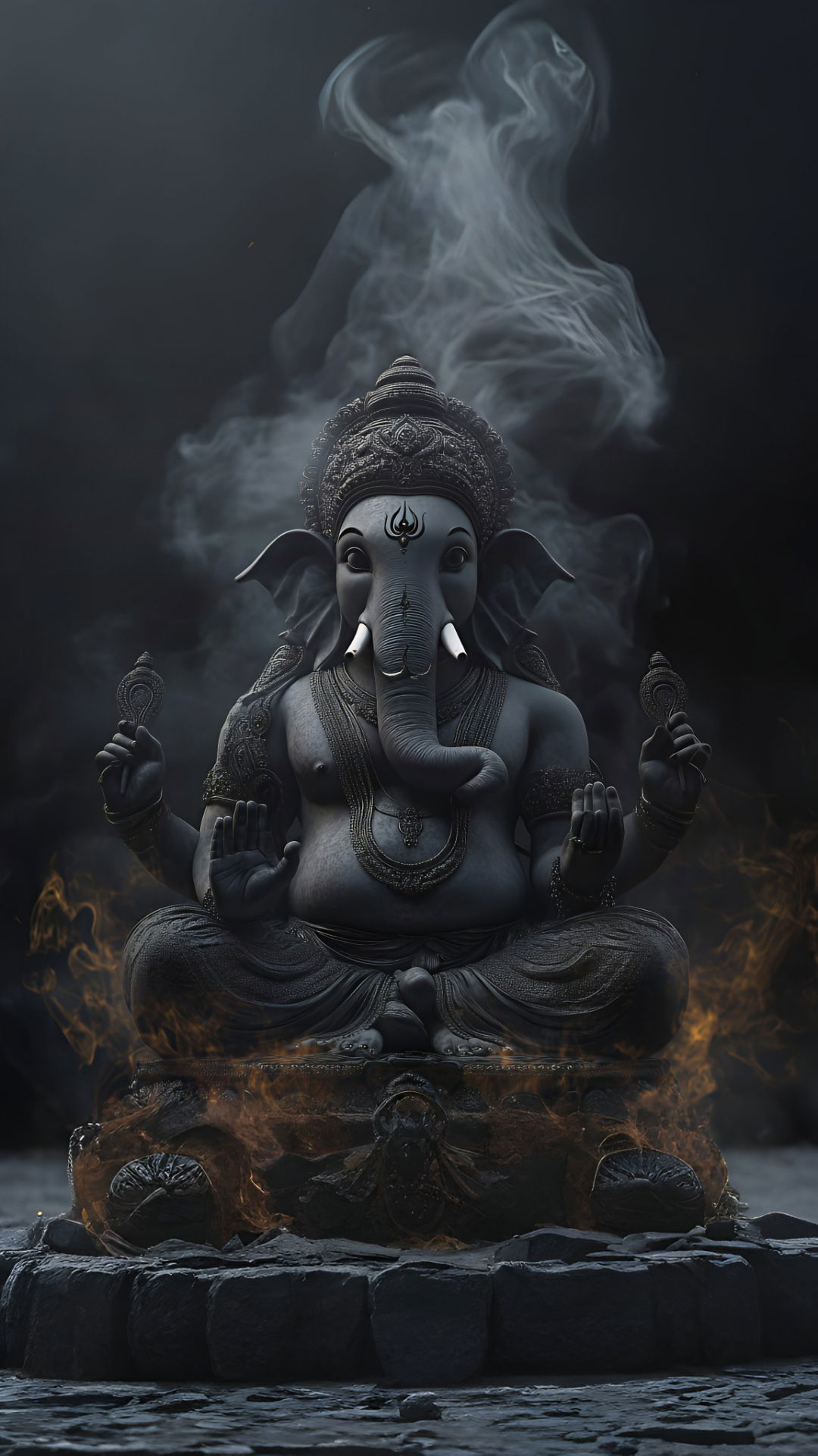 Lord Ganesha amidst smoke and flames.