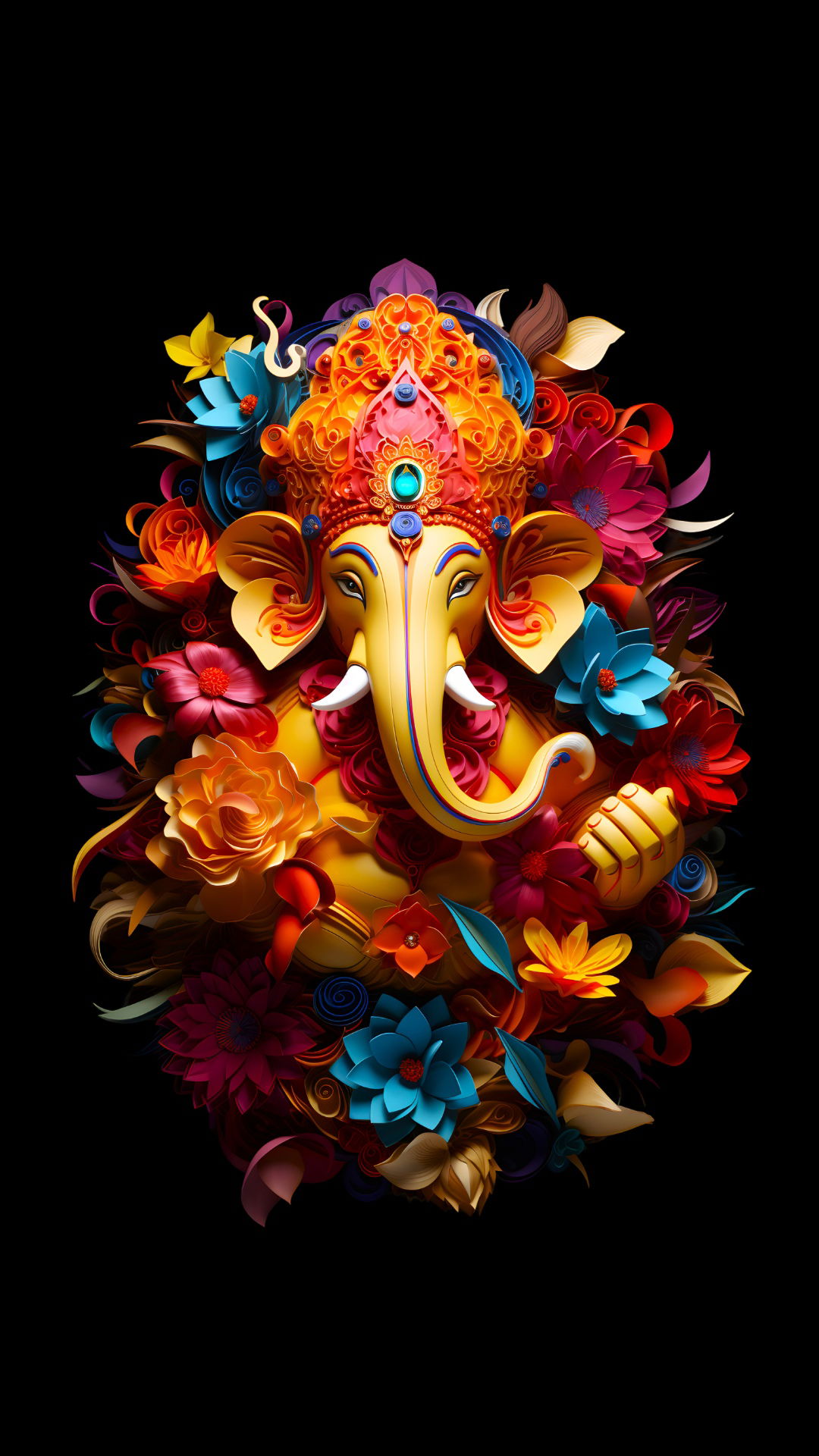 Colorful Ganesha amidst vibrant flowers