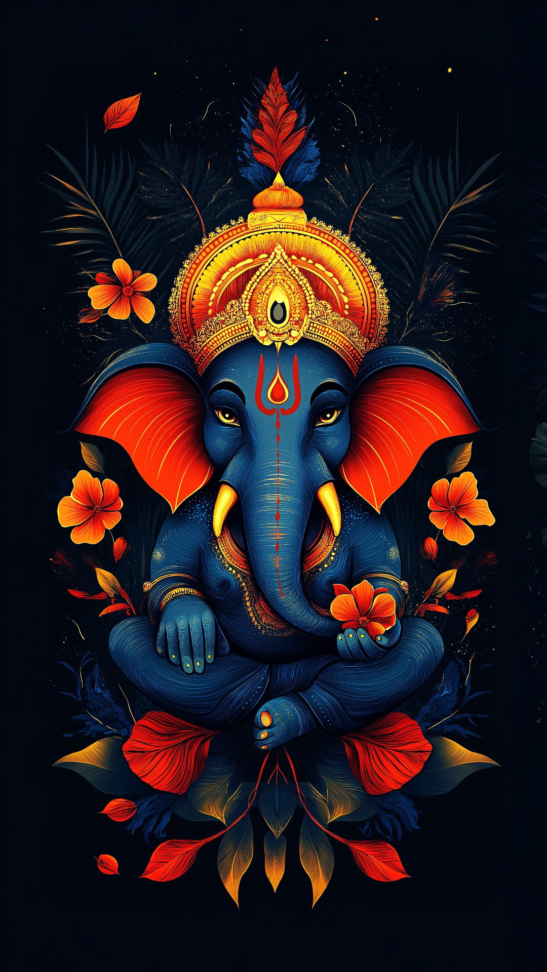 Blue-skinned Ganesha amidst lotus flowers