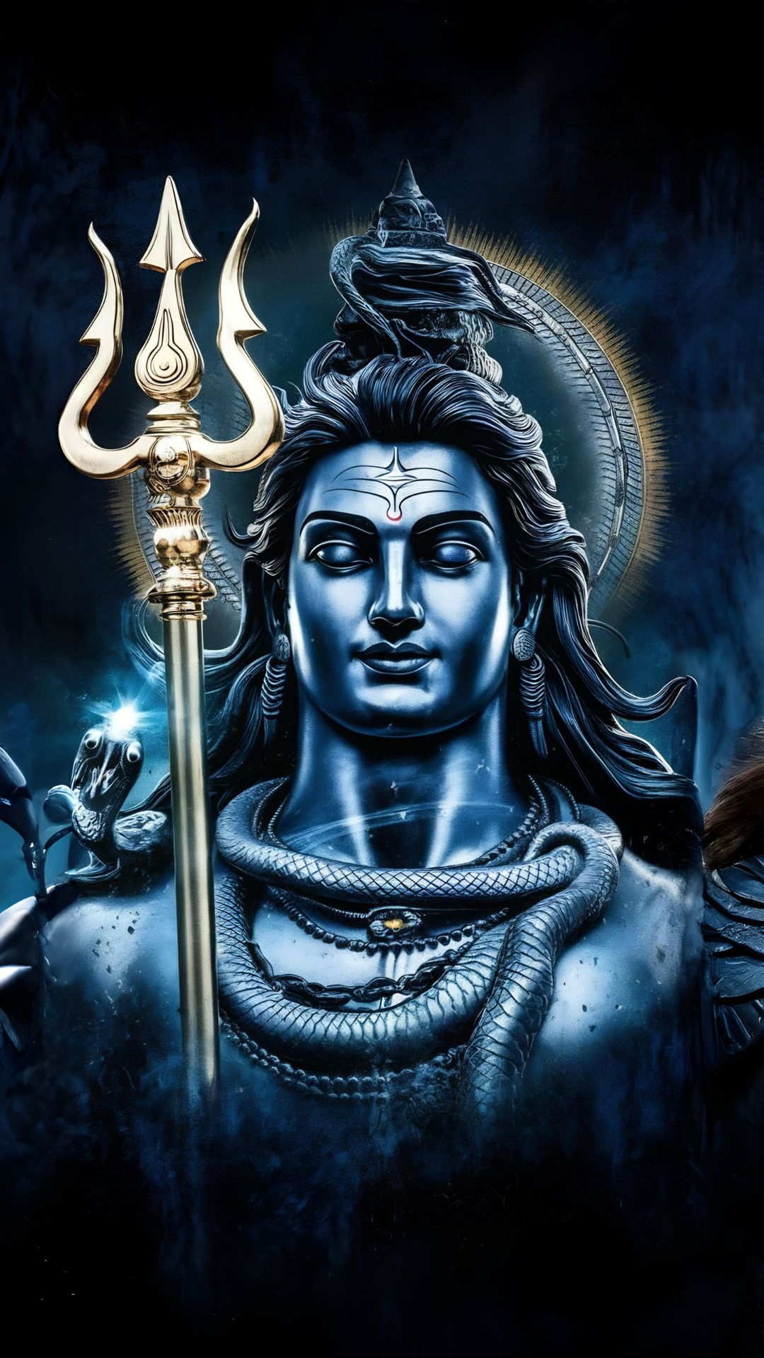 Lord Shiva with trident and serpent.