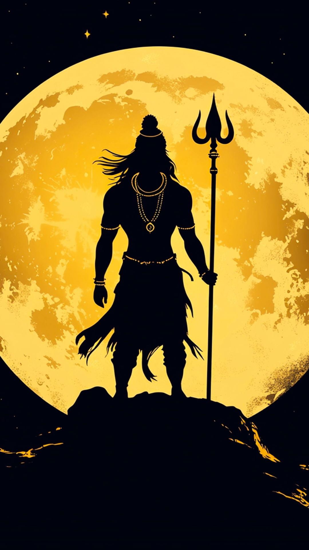 Shiva silhouette against golden moon.