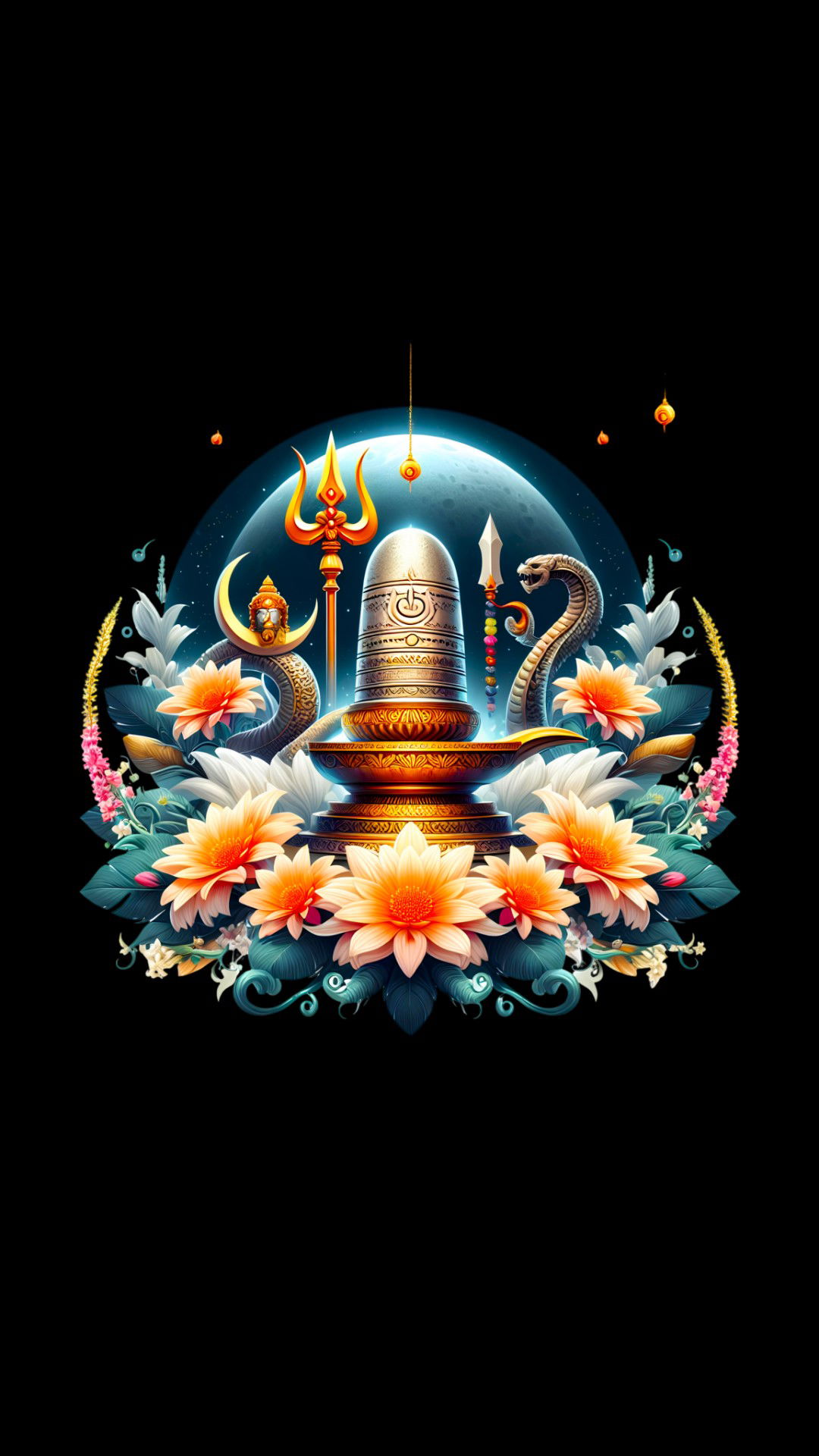Lord Shiva with trident and lotus flowers