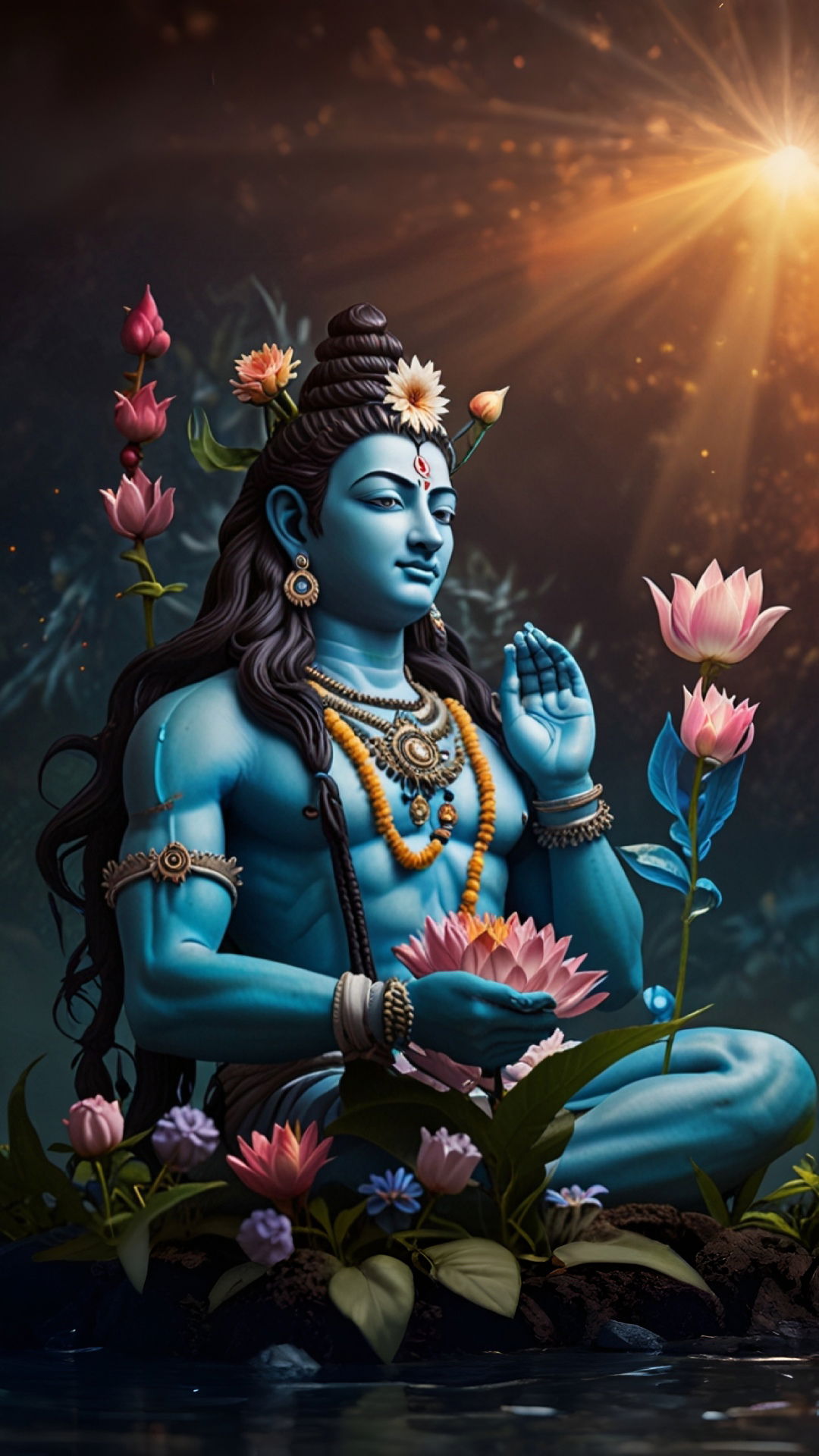 Blue Shiva sitting amongst lotus blossoms