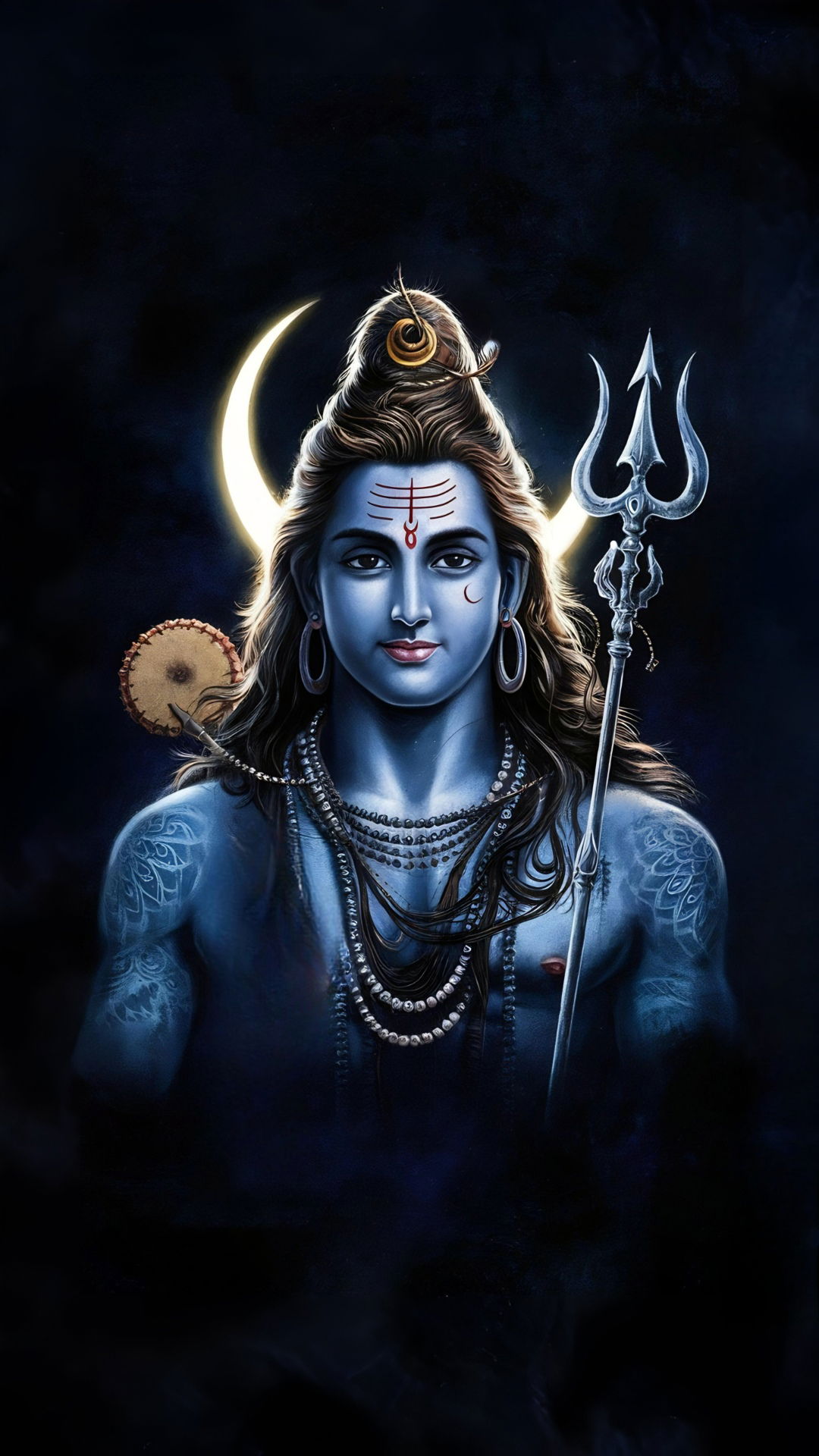 Blue-skinned Shiva with Trishul and crescent moon