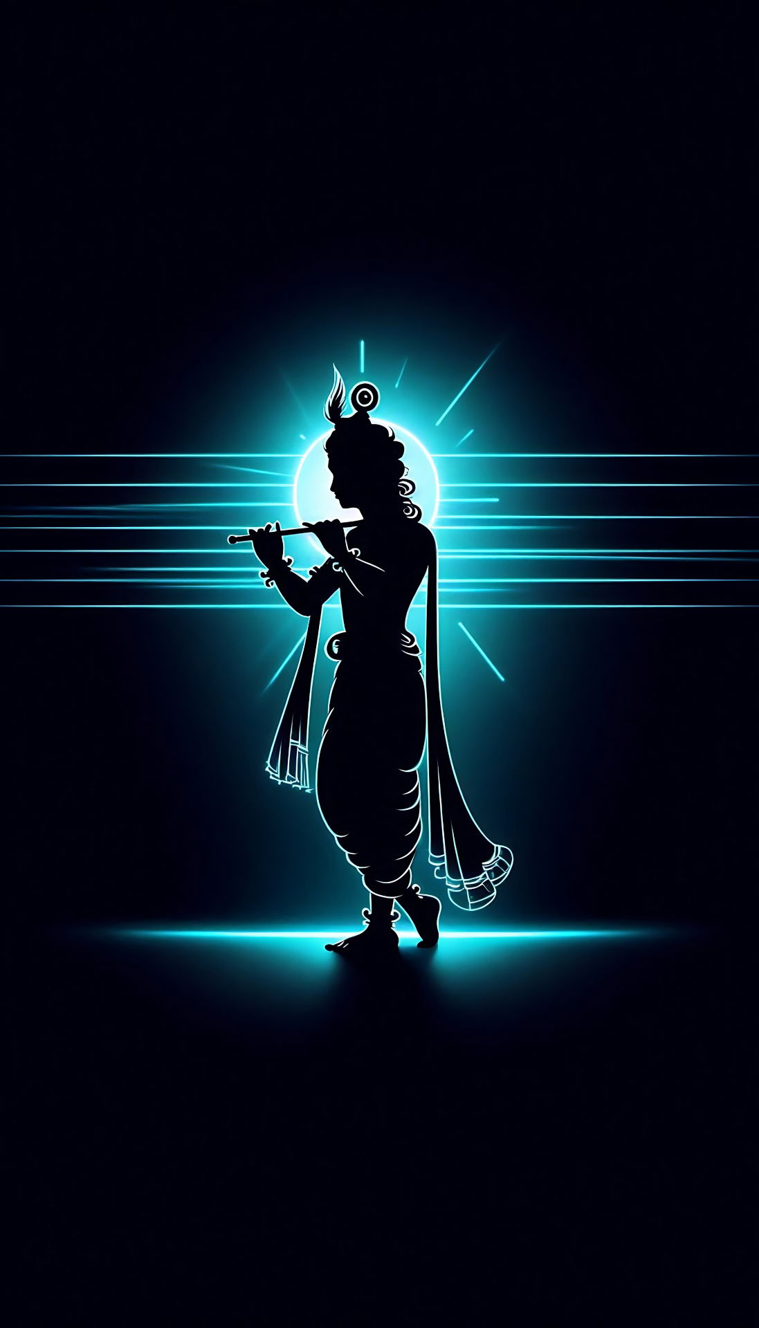 Krishna playing flute in dark background.