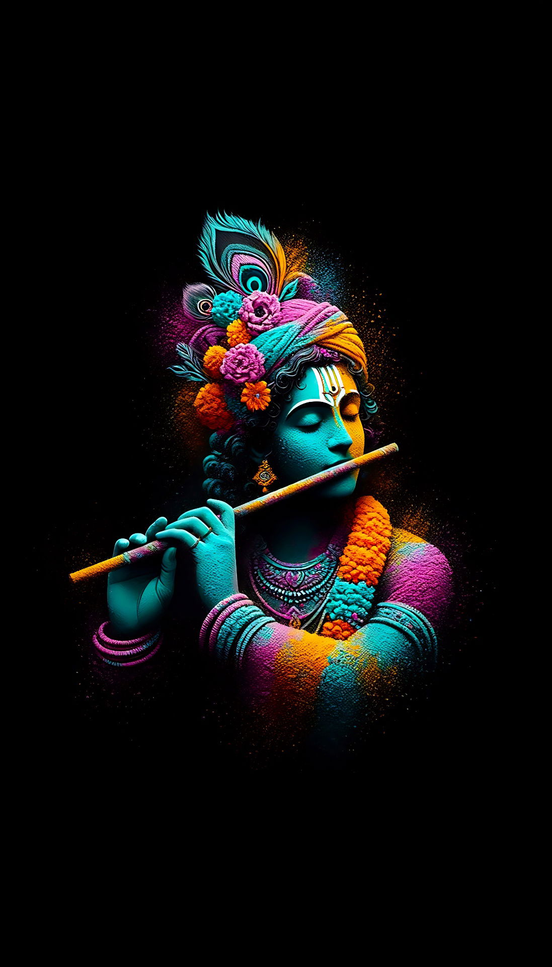 Krishna playing flute, vibrant colors.