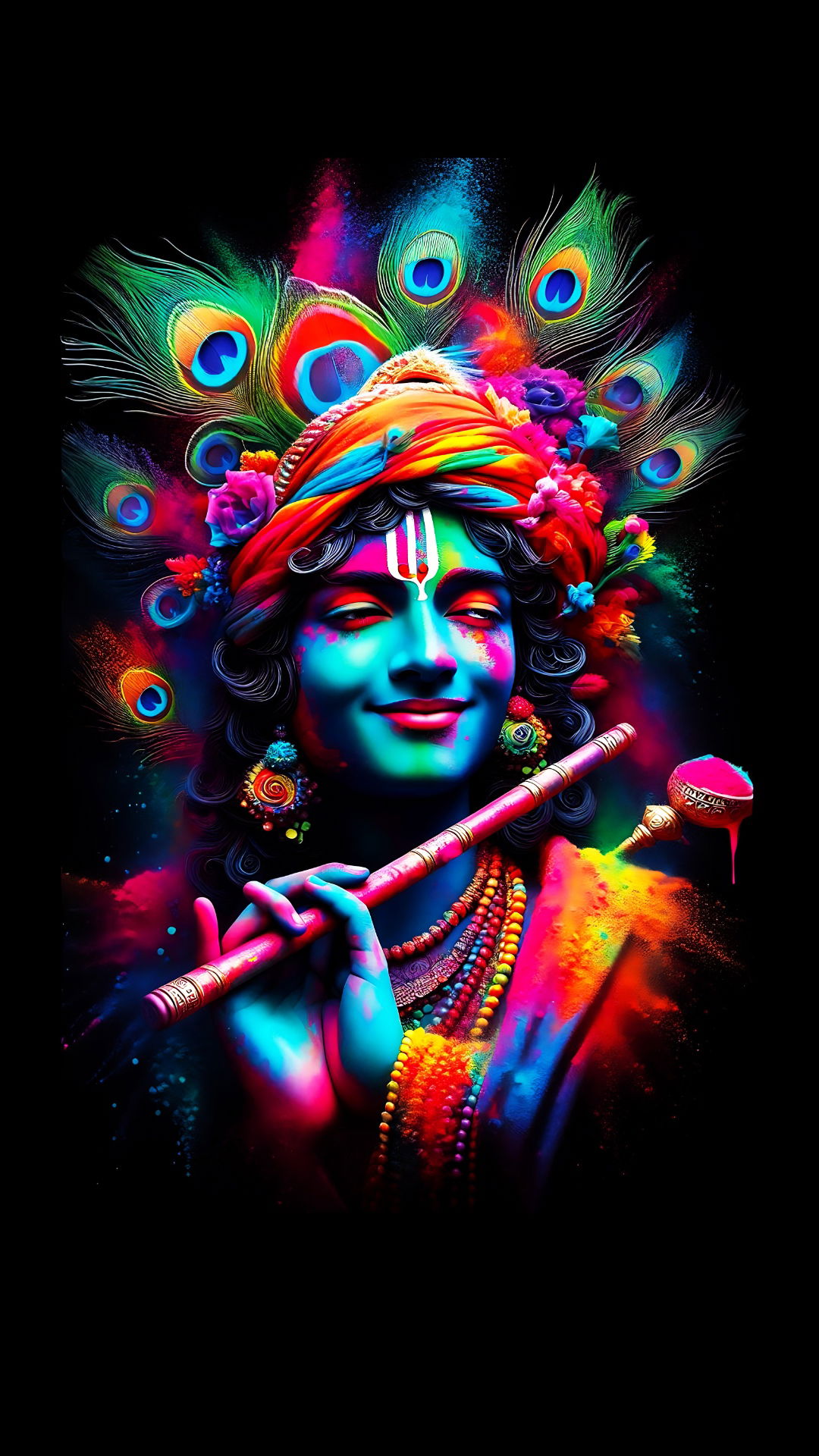 Krishna playing flute with peacock feathers
