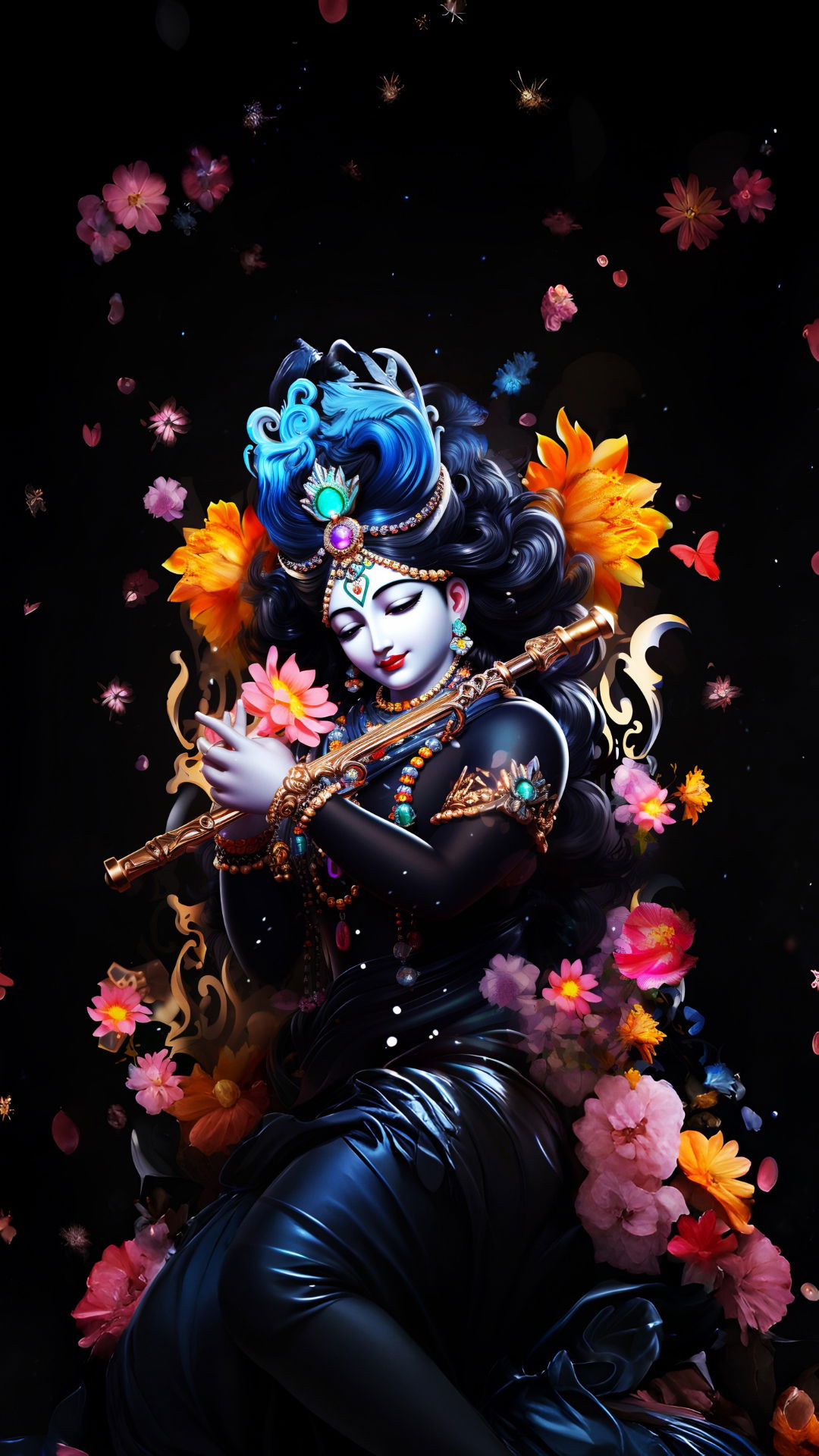 Krishna playing flute amidst flowers
