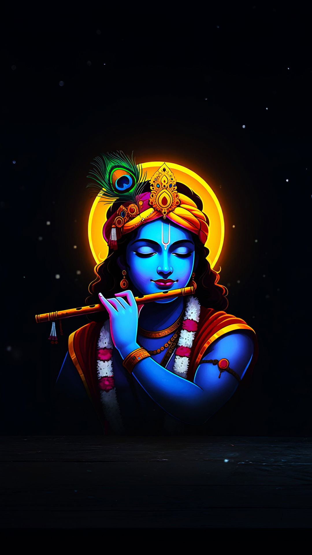 Blue Krishna playing a flute, divine portrait.