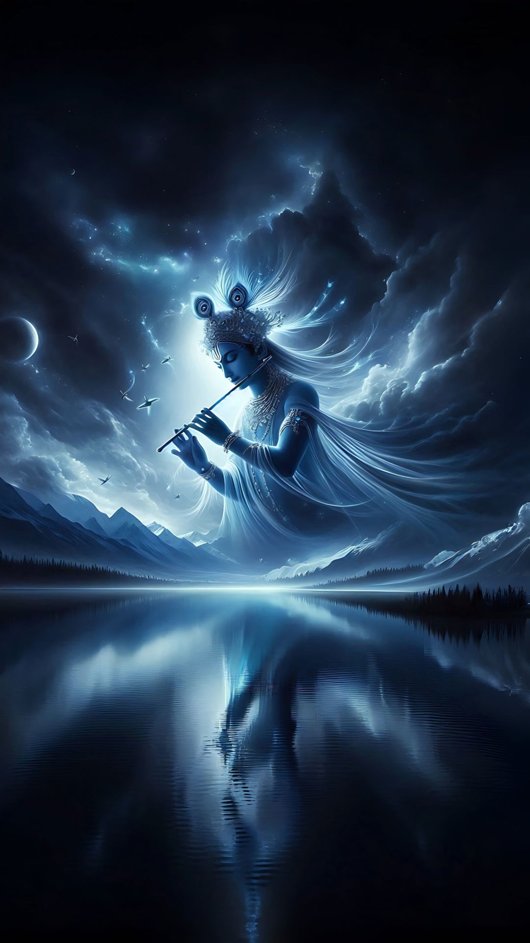 Lord Krishna playing flute in the cosmos