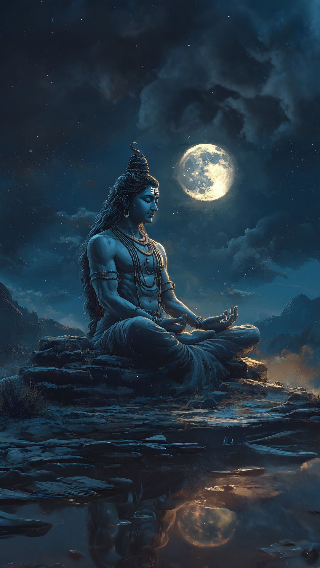 Meditating Shiva amidst mountains and moonlight