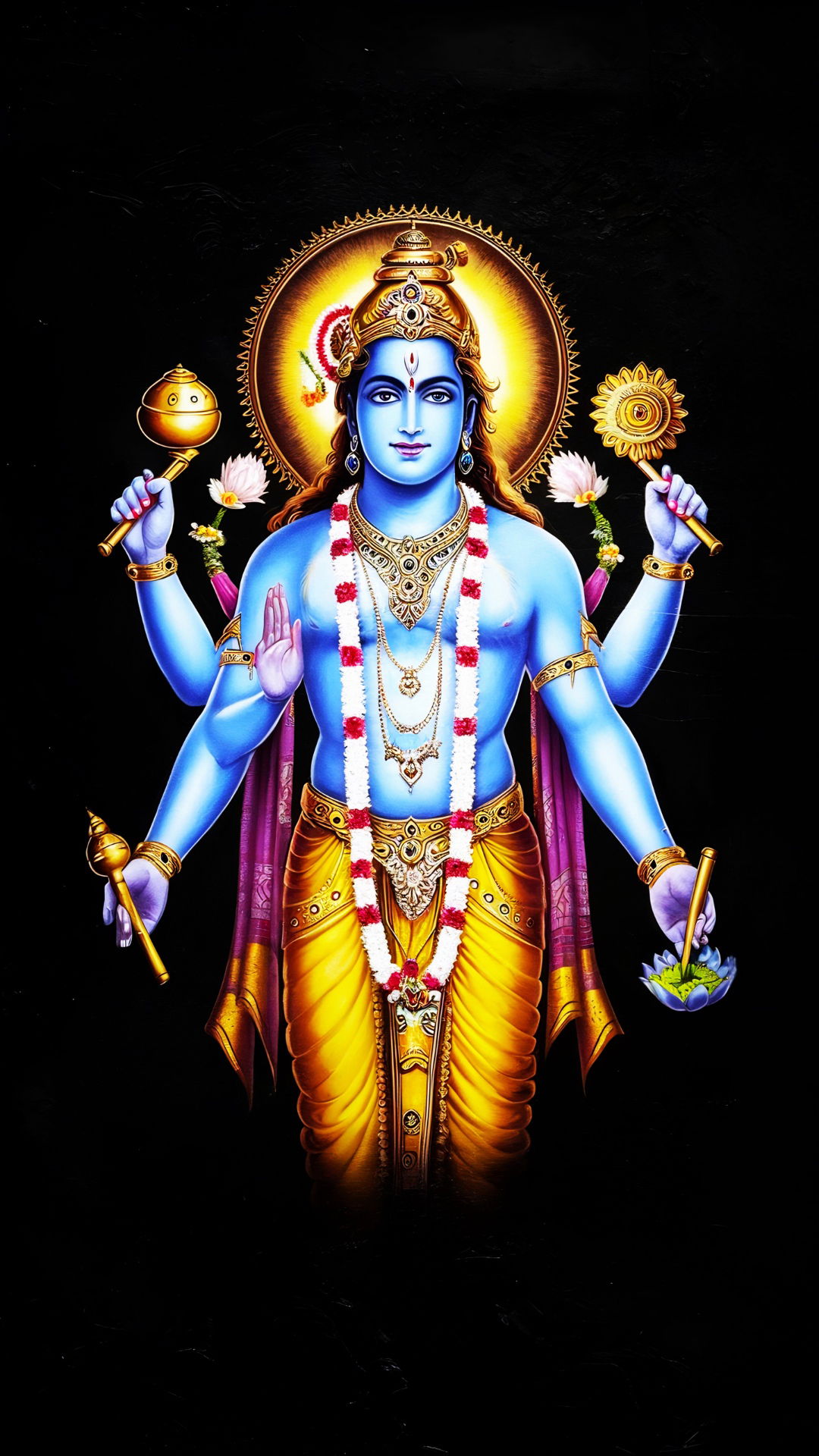 Lord Vishnu holding lotus and chakra.