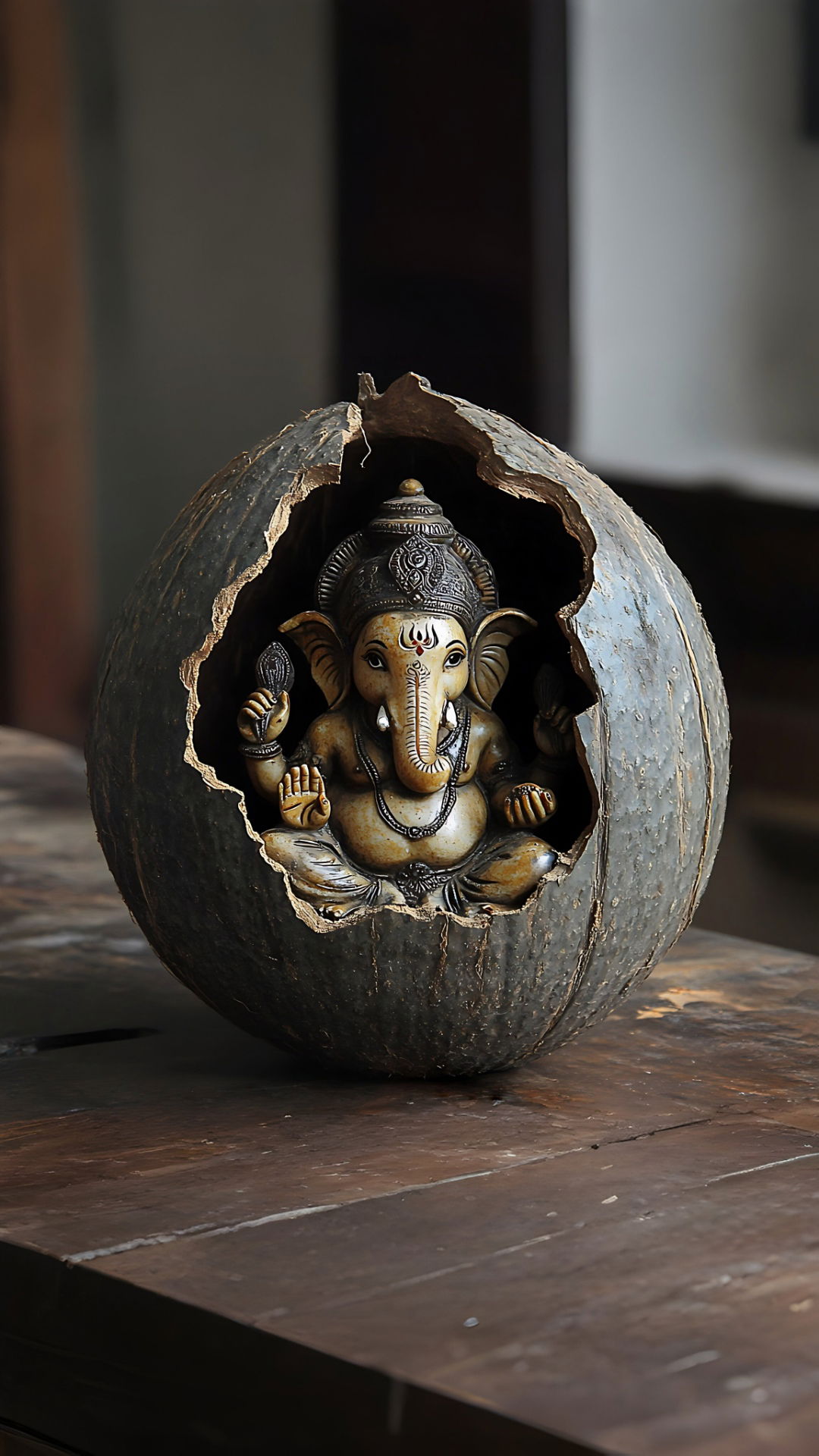 Ganesha statue emerging from a coconut