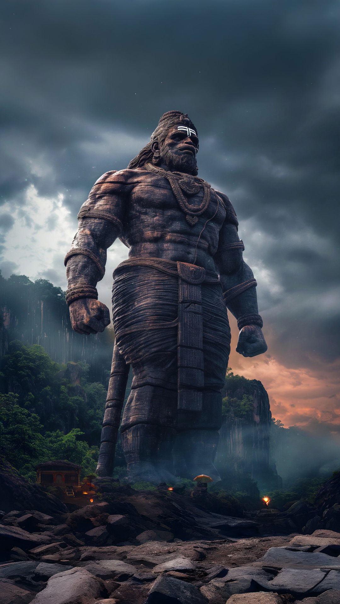 Giant Hanuman statue amidst mountains.