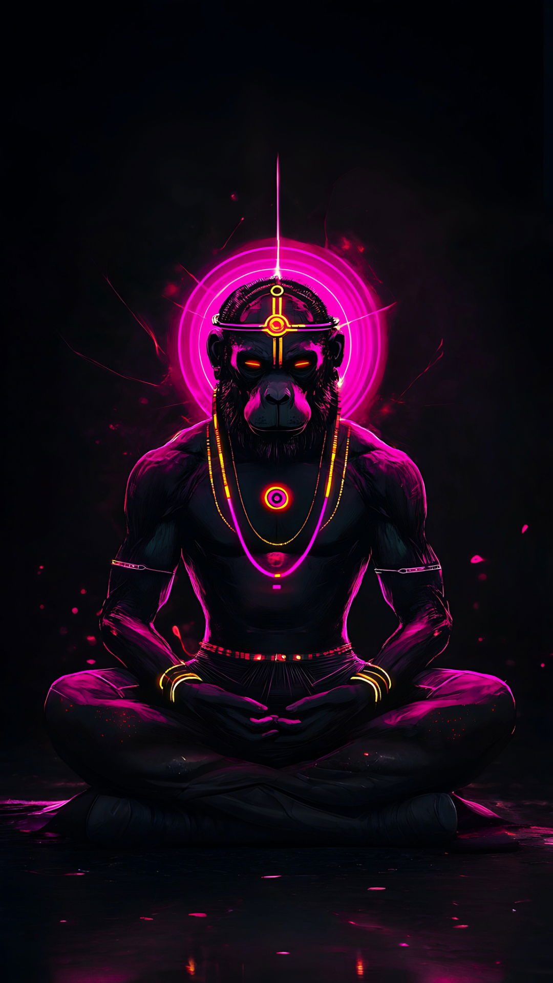 Meditating Hanuman, cyberpunk digital art.