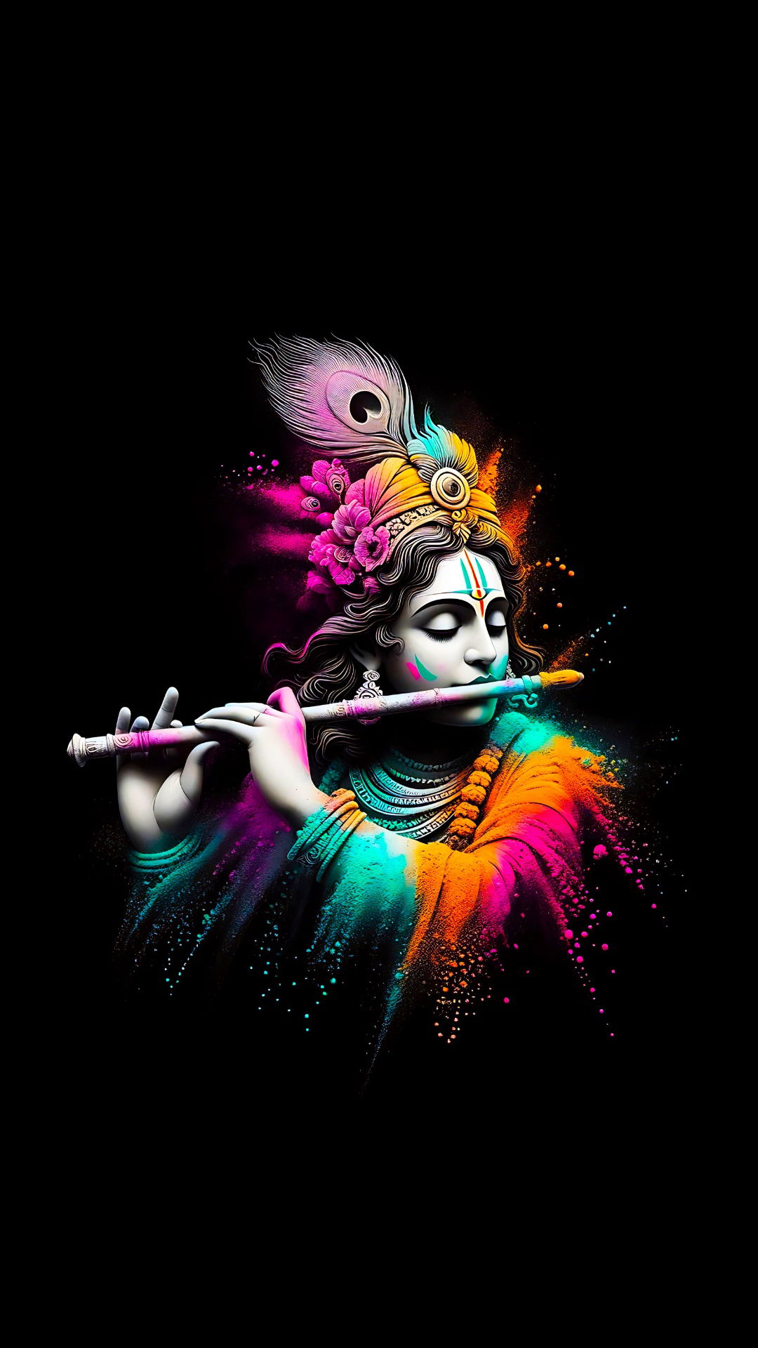 Krishna playing flute, vibrant colors, divine