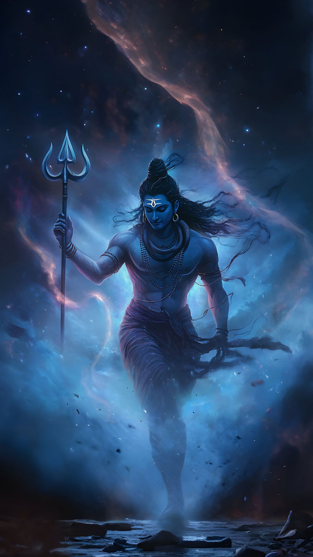 Lord Shiva emerging from cosmic nebula.