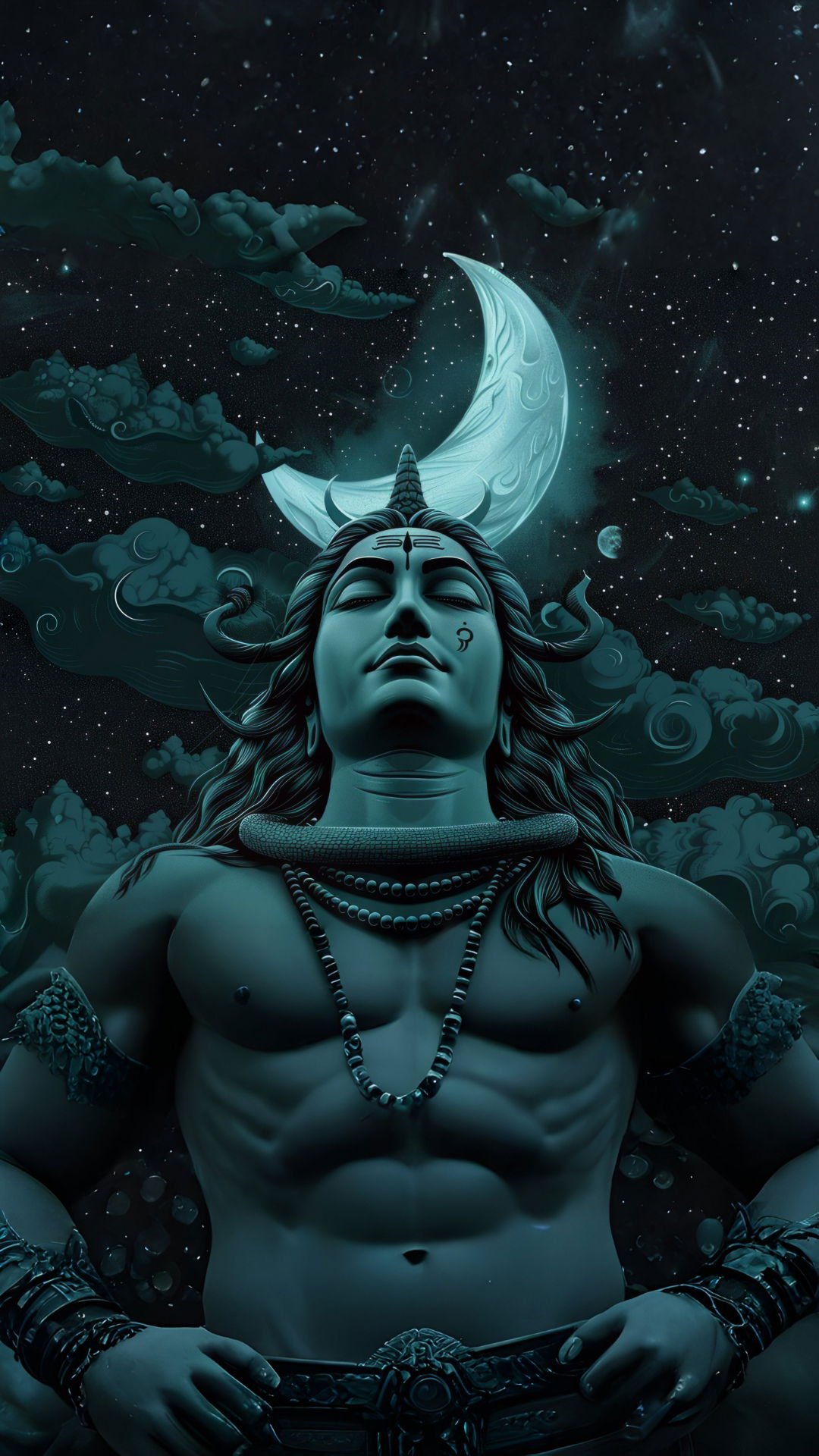 Meditating Shiva amidst cosmic night.