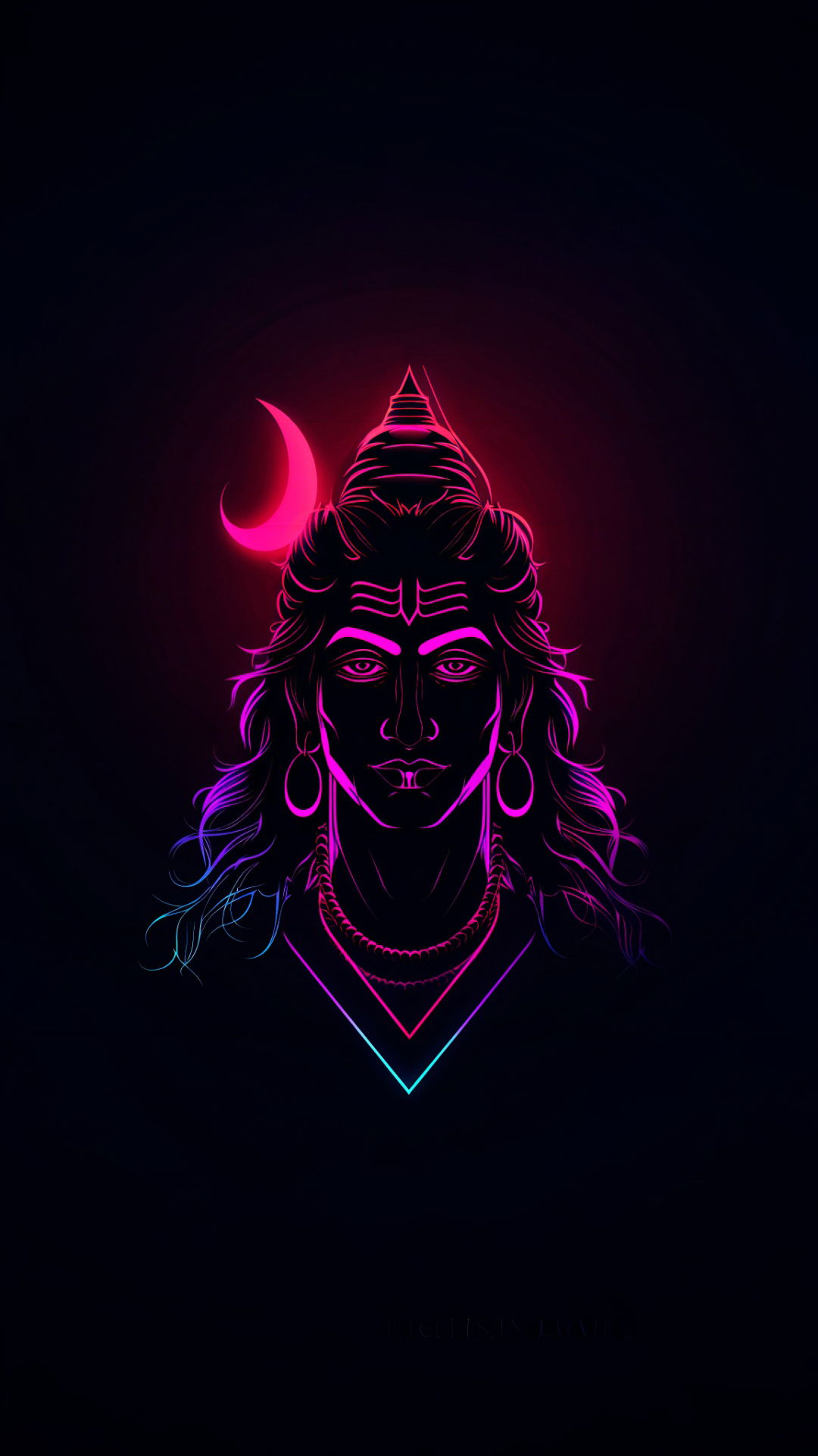 Neon Lord Shiva portrait with crescent moon.