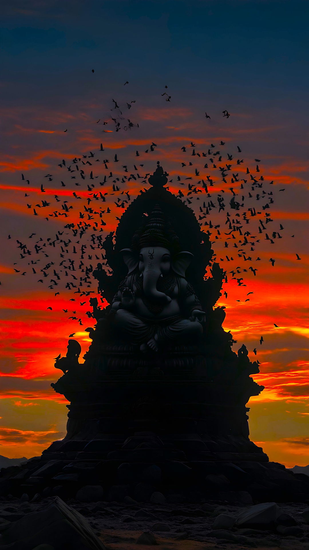 Ganesha sits silhouetted against a sunset