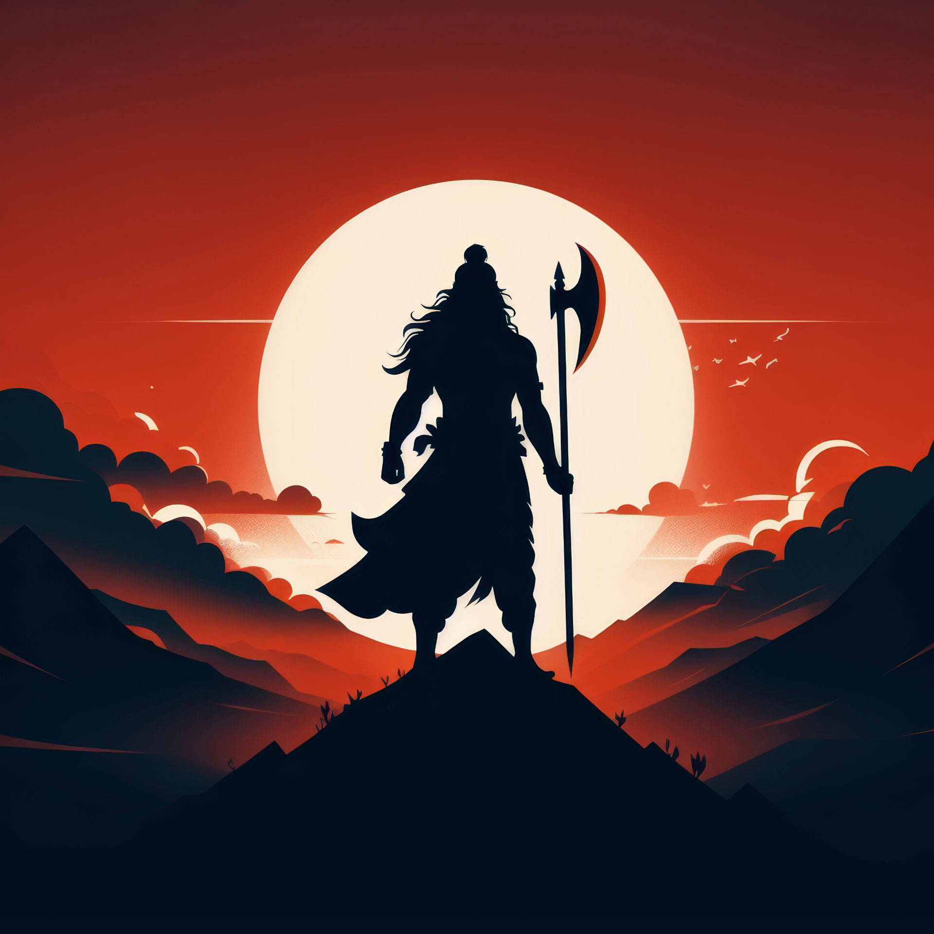 Shiva stands powerful against moonlit sky.