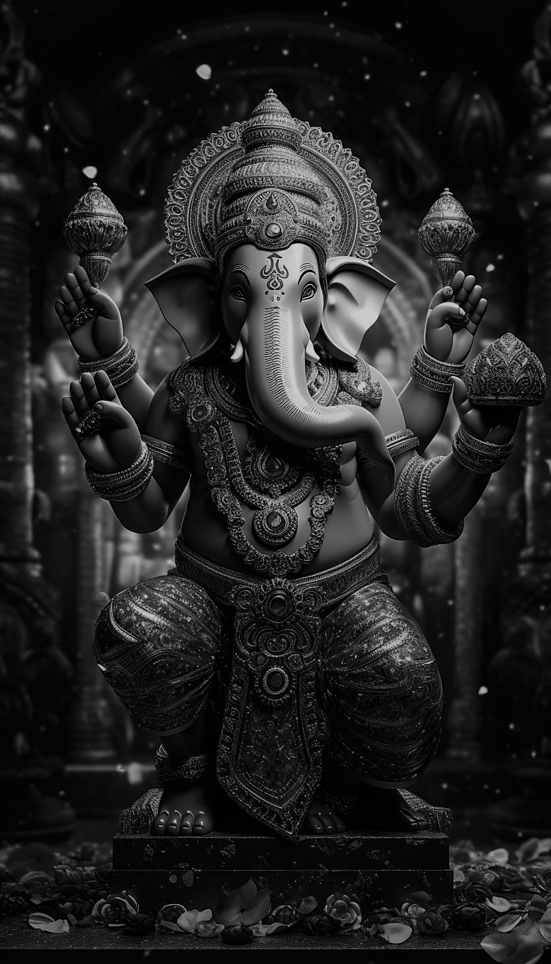 Lord Ganesha in grayscale, blessings offered.