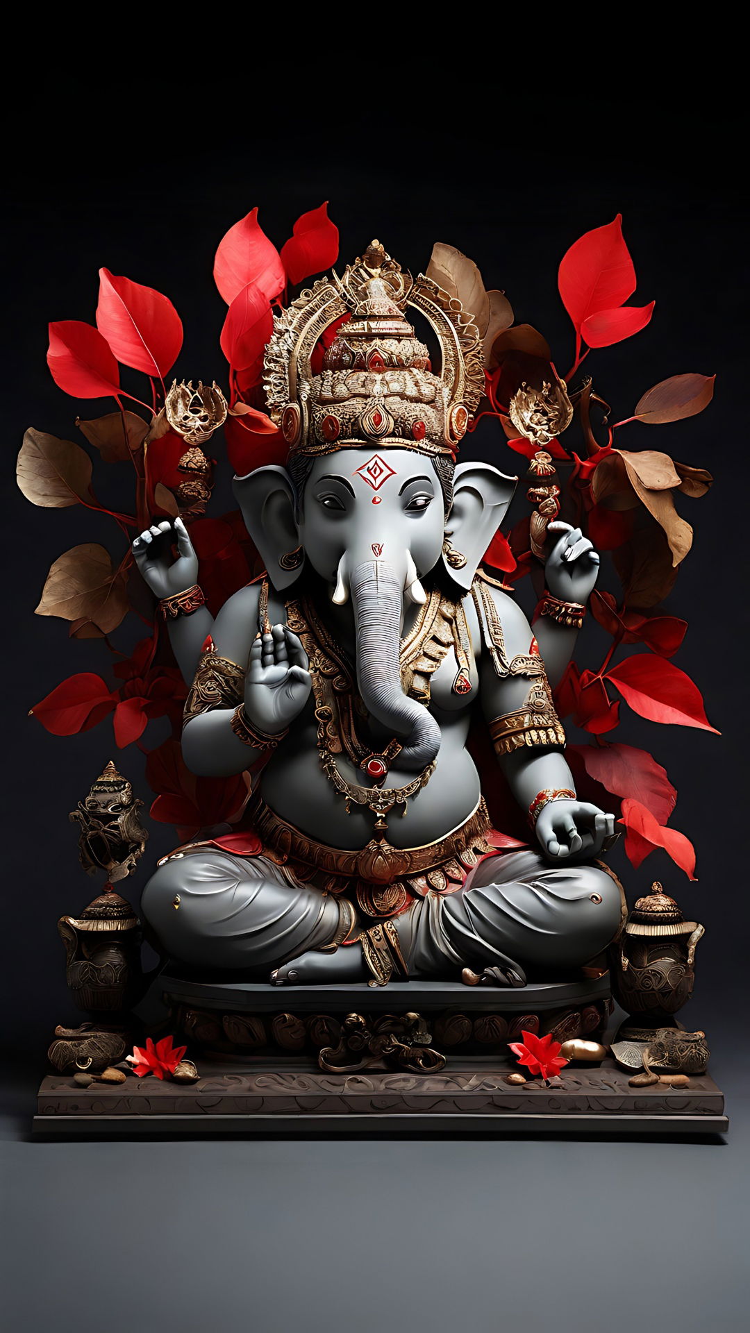 Lord Ganesha with red leaves adornment